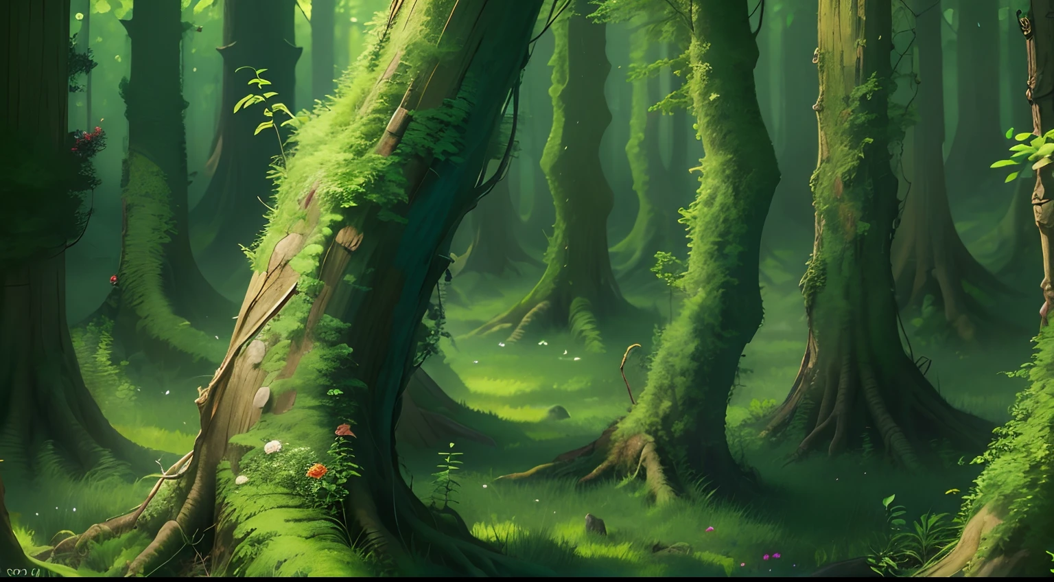 A picture taken from a computer screen of a forest with moss and trees ...