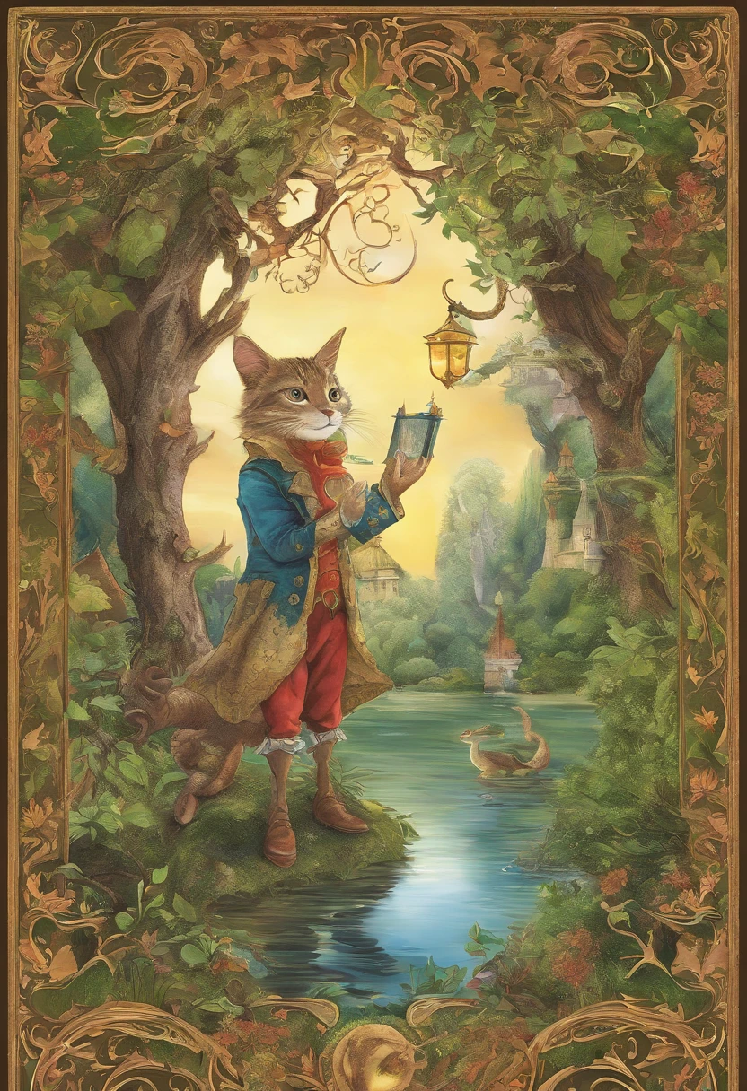 book cover_tales from the Magical Land, Wizard, elf, Dragon, mirror, cat in boots, magic tree, no text