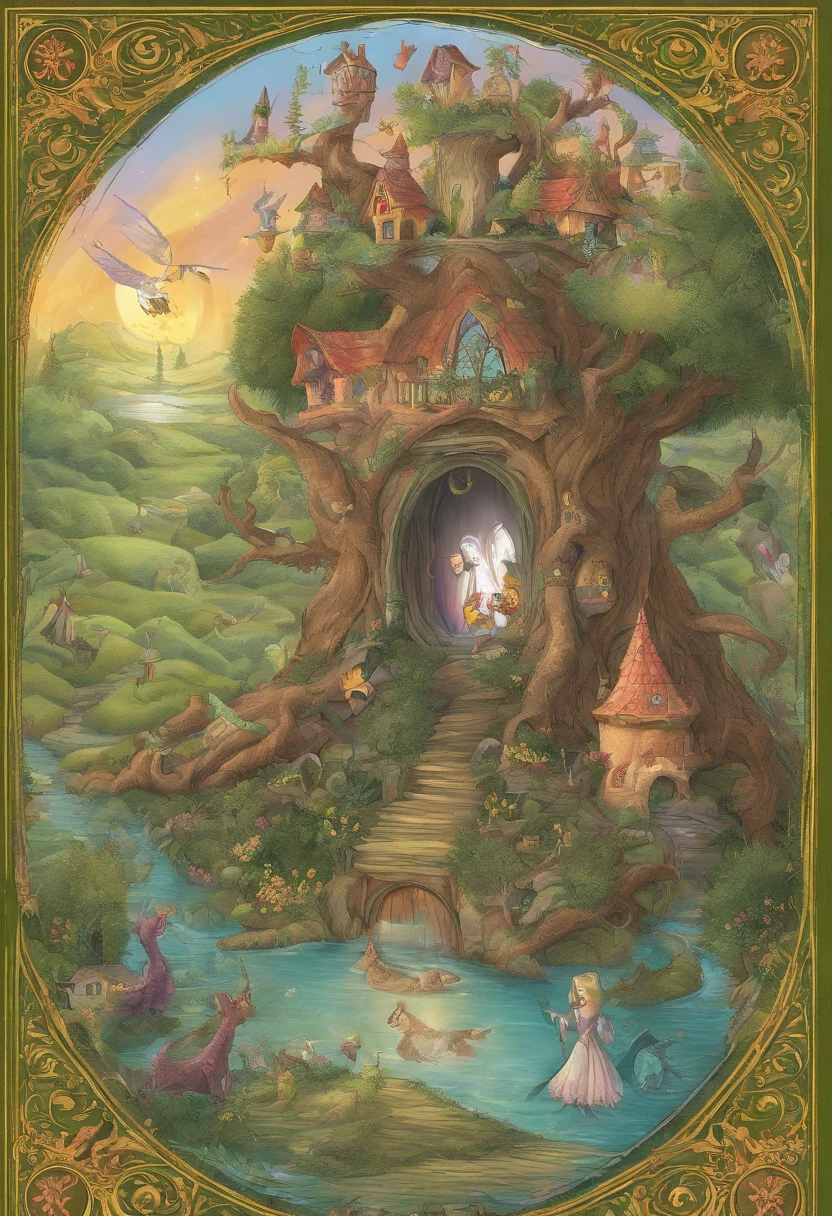book cover_tales from the Magical Land, Wizard, elf, Dragon, mirror, cat in boots, magic tree, no text