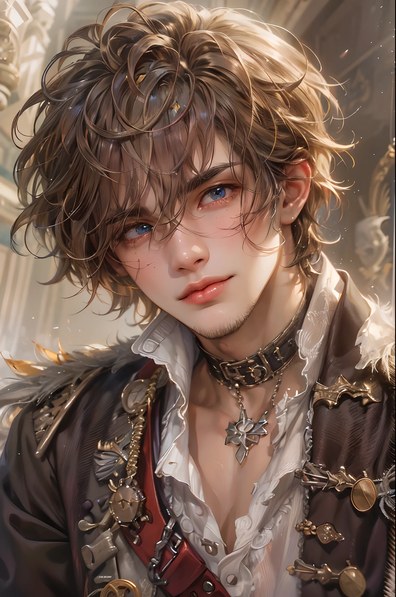 (absurdres, highres, ultra detailed, HDR), masterpiece, best quality, pirates of the Caribbean character, handsome young boy, short hair, handsome face, anime eyes, detailed interior, detailed character