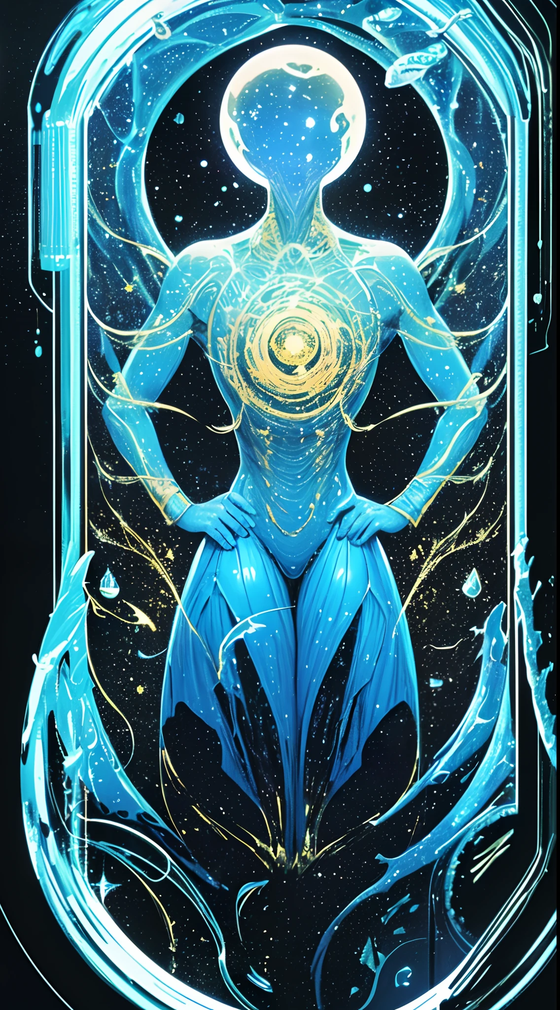 (giant transparent alien paranormal creature,cowboy shot,above Knee Portrait,blank background,body made up of water,shiny oil slime glowing,ethereal creature,Look through the body,Psychedelic color:1.55),(all-seeing-eyes,headless,Tentacles and pupils,planet,Graal glass,dystopian art,hyperrealistic,afrofuturism:1.25),on the planet surface,Aerial view,Concept art,starry sky,