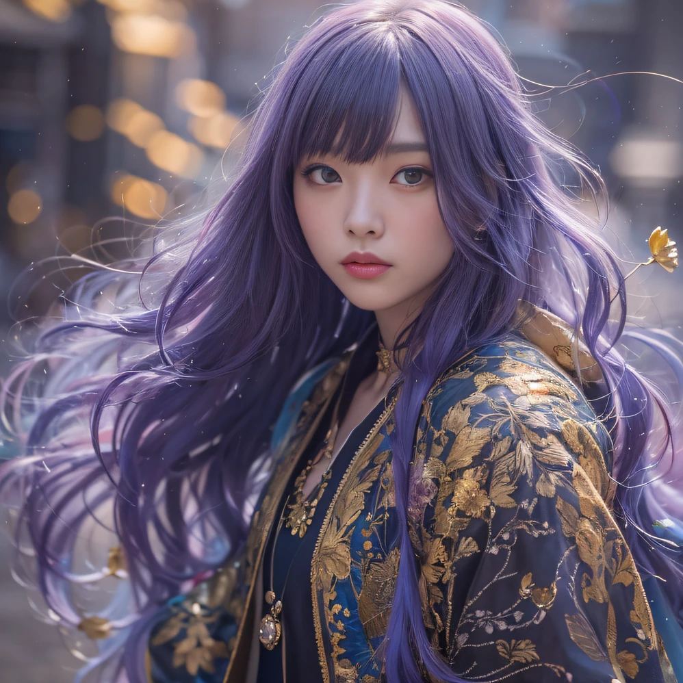Genki Girl 32K（tmasterpiece，k hd，hyper HD，32K）Long flowing bright purple hair，Autumn Pond，zydink， a color，  Asian people （Genki girl）， （Silk scarf）， Combat posture， looking at the ground， long whitr hair， Floating bright purple， Fire cloud pattern gold tiara， Chinese long-sleeved gold silk garment， （Abstract metaverse splash：1.2）， white backgrounid，Lotus Vitality Protector（realisticlying：1.4），Bright purple hair，Smoke on the road，The background is pure， A high resolution， the detail， RAW photogr， Sharp Re， Nikon D850 Film Stock Photo by Jefferies Lee 4 Kodak Portra 400 Camera F1.6 shots, Rich colors, ultra-realistic vivid textures, Dramatic lighting, Unreal Engine Art Station Trend, cinestir 800，A girl with flowing bright purple long hair
