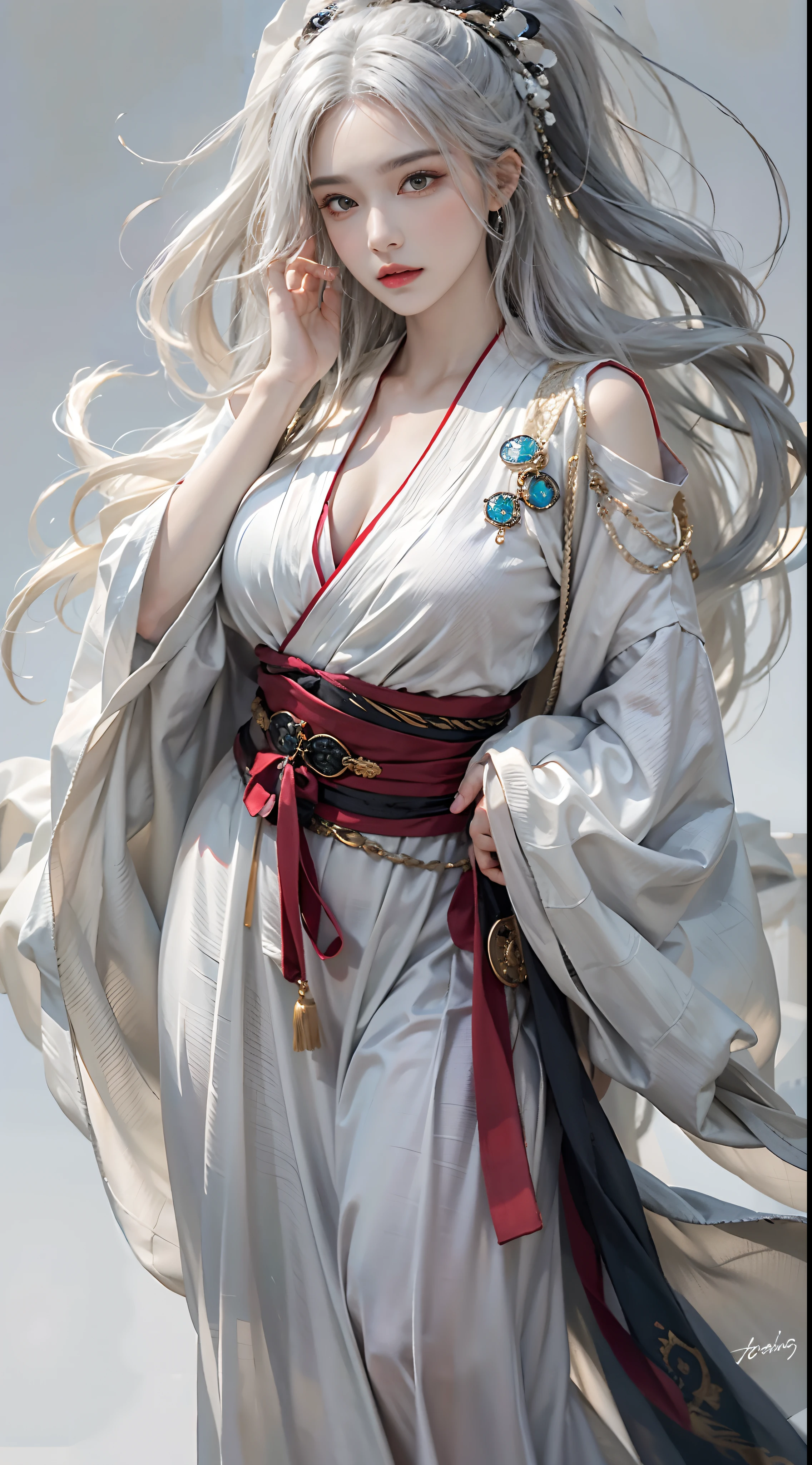 Photorealistic, high resolution, 1womanl, Solo, Hips up, view the viewer, (Detailed face), White hair, Long hair, taoist robe,Oversized clothes, jewelry