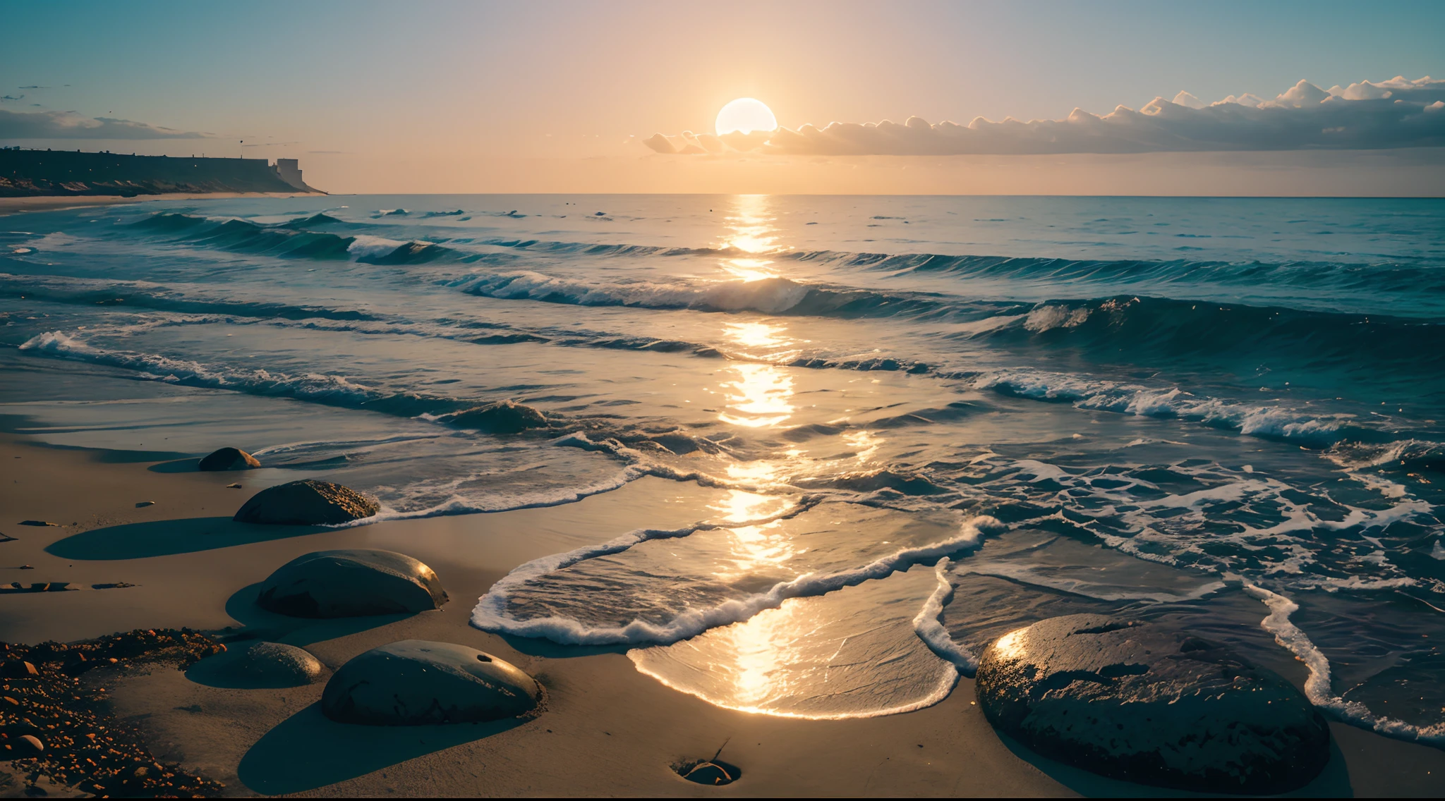 Arad image of a beach with pebbles and glowing stones, 10AM sun, majestic morning sun, stunning light reflections, refracted sun sparkles, Magical beach, palm trees and green plants near shore lines, huge castle ruins from afar, palm tree leaves hanging near camera capture, Bioluminescent spheres, author:Alexander Kucharisky, author:Alexei Venezyanov, beautiful moon light, beautiful moon light, author:Jan Rustham, sandy white moon landscape, breathtaking composition, Ocean specularism, glowing reflections