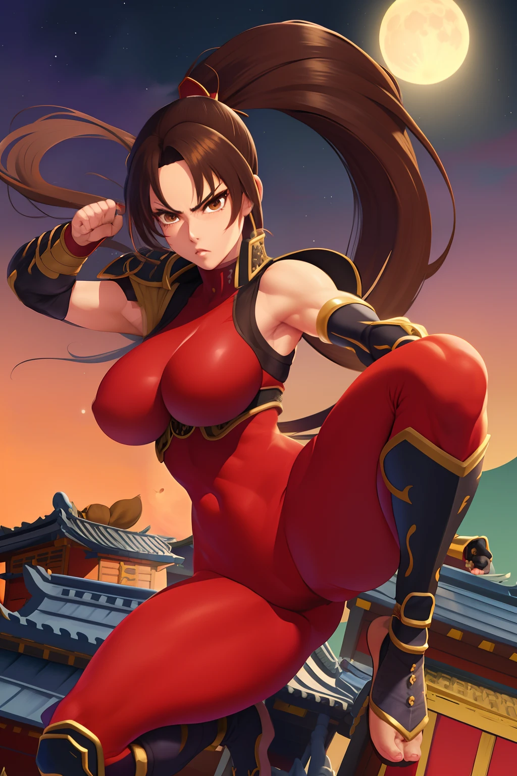 Taki, standing, upper body,,brown eyes,ponytail, brown eyes,leg up, fighting stance, shins, serious, 
rooftop, night, moon, sengoku period, 
(insanely detailed, beautiful detailed face, masterpiece, best quality)