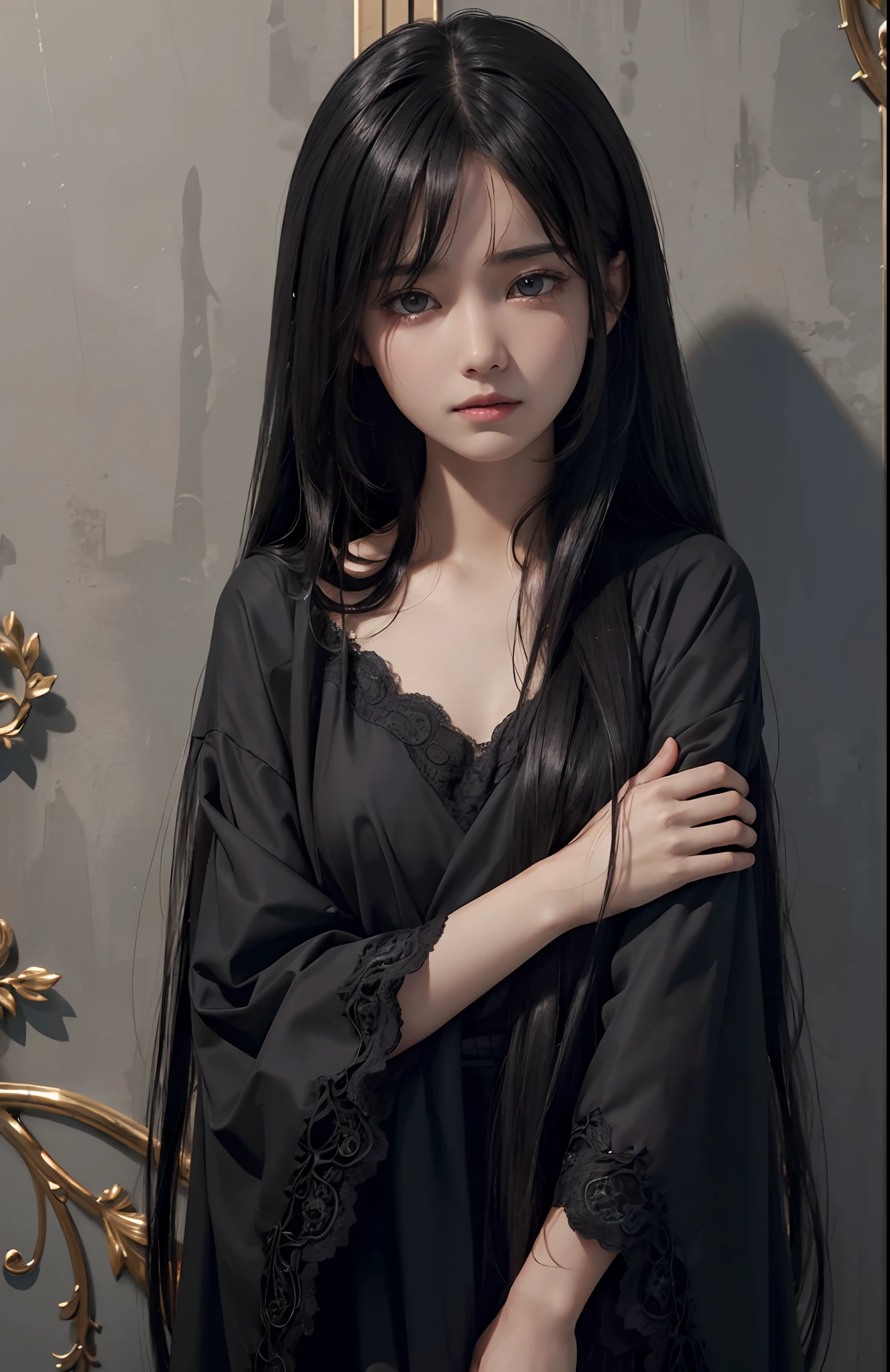 (ultra realisic), (illustratio), (Resolution Enhancement), (8K), (A highly detailed), (The best illustrations),, (Top  Quality), (A highly detailed), (​masterpiece), (wall paper), (Detailed face), Solo, 1 Girl, Watching the viewer, Fine details, Detailed face, Dark In, Deep Shadows, Low Key, pureerosfaceace_v1, Sorrisos, long  hair, Black shawl straight hair , 46 point slanted bangs,(Cry like a child), Sad appearance, It's tangled up.