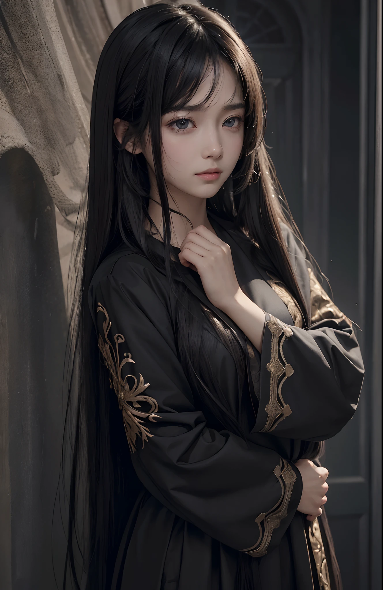 (ultra realisic), (illustratio), (Resolution Enhancement), (8K), (A highly detailed), (The best illustrations),, (Top  Quality), (A highly detailed), (​masterpiece), (wall paper), (Detailed face), Solo, 1 Girl, Watching the viewer, Fine details, Detailed face, Dark In, Deep Shadows, Low Key, pureerosfaceace_v1, Sorrisos, long  hair, Black shawl straight hair , 46 point slanted bangs,(Cry like a child), Sad appearance, It's tangled up.