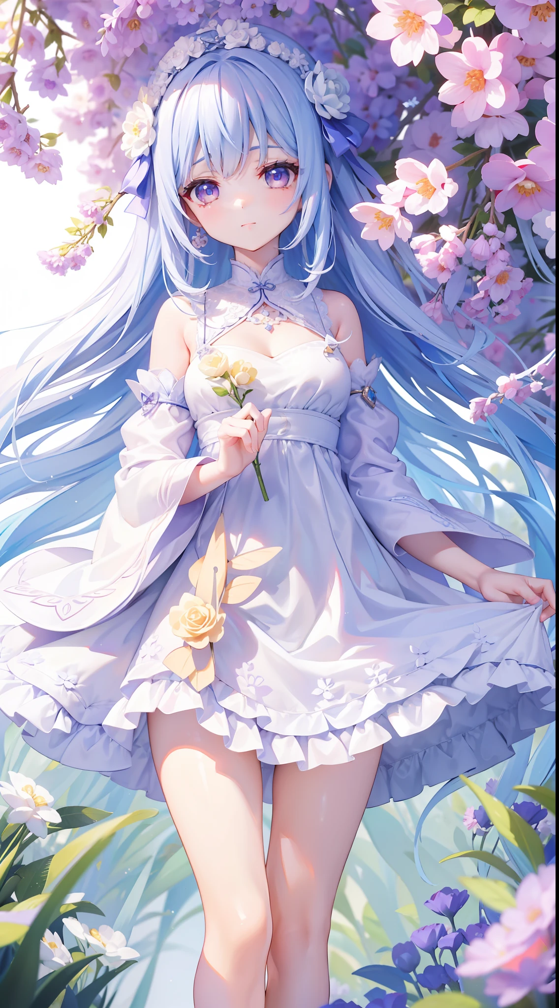 A beautiful and charismatic loli character，Her appearance is very eye-catching。Has long silky hair，And a pair of big bright eyes，Her face is delicate，It gives a gentle and elegant feeling。Additionally，Teresa also wore a white dress，The design of this dress is very beautiful，Also suitable for her figure。trpical garden，Lavender flower garden，generally，Attractive appearance，Make a lot of players fall in love with it。