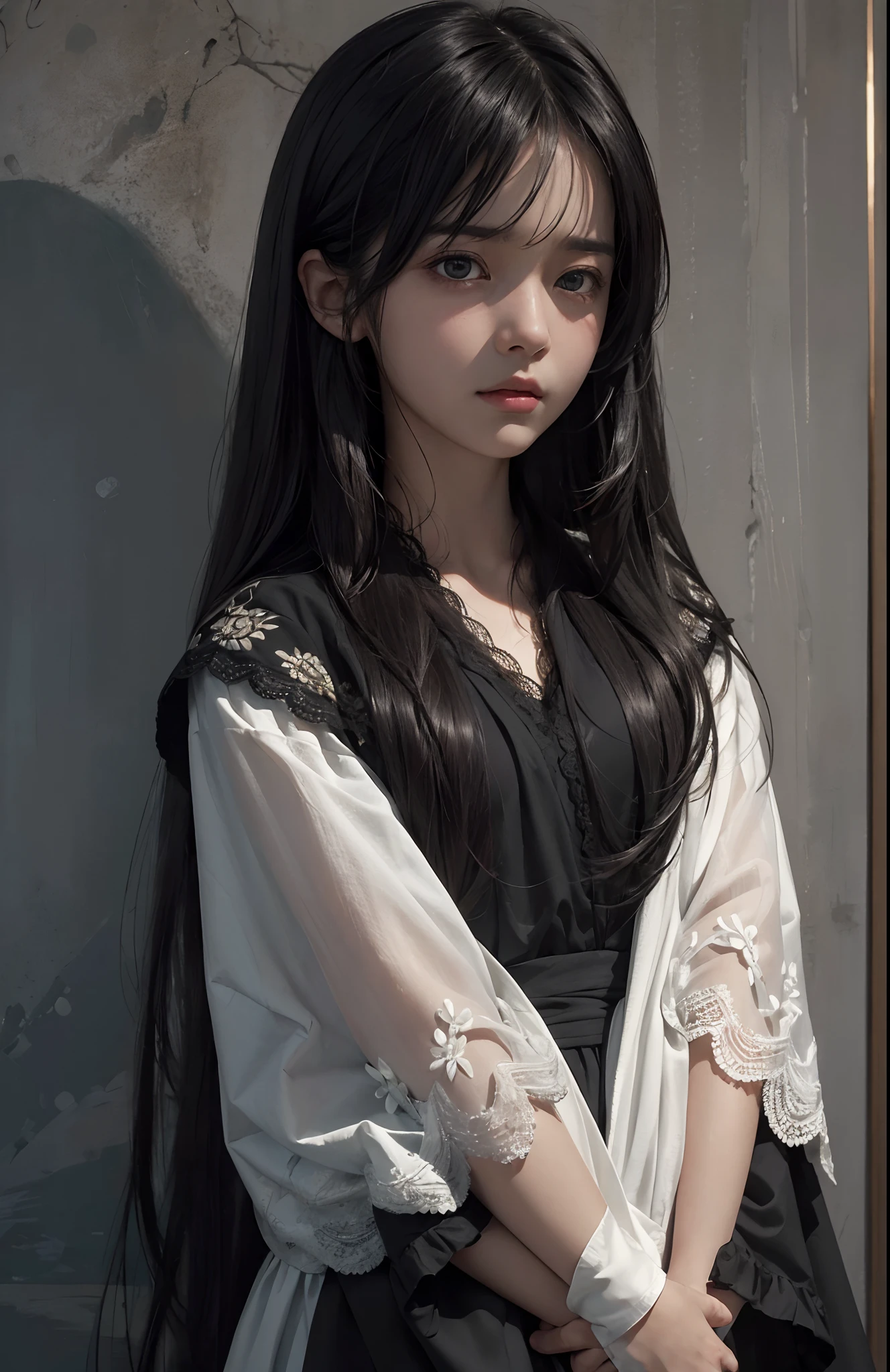 (ultra realisic), (illustratio), (Resolution Enhancement), (8K), (A highly detailed), (The best illustrations),, (Top Quality), (A highly detailed), (masterpiece), (wall paper), (Detailed face), Solo, 1 Girl, Watching the viewer, Fine details, Detailed face, Dark In, Deep Shadows, Low Key, pureerosfaceace_v1, Sorrisos, long hair, Black shawl straight hair , 46 point slanted bangs,(Cry like a child), Sad appearance, It's tangled up.