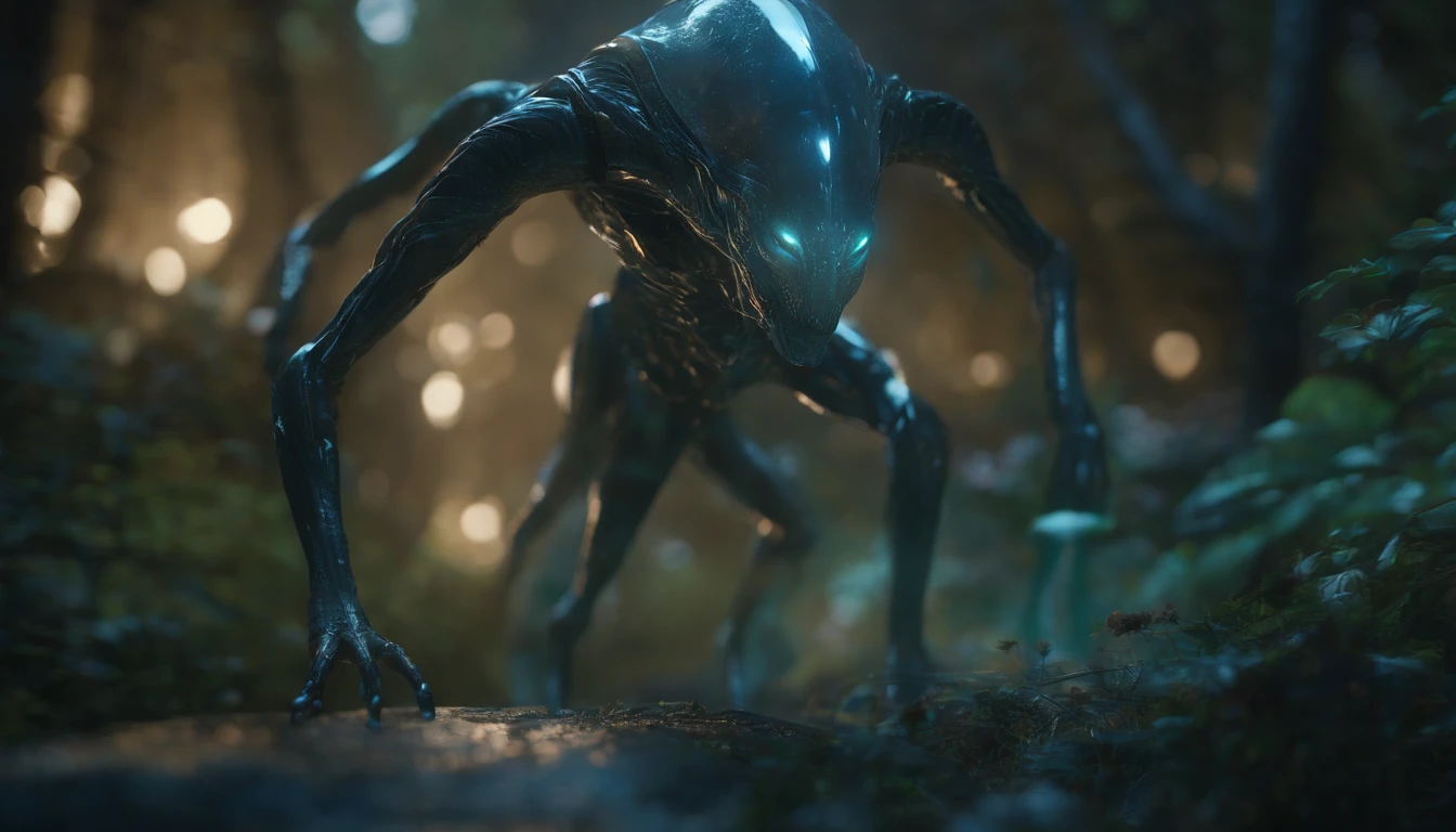 Transparent ethereal alien creatures,with light glowing,中景 the scene is,Full body like, highly detailed surreal vfx,oc rendered,Shot with 70 mm - AR 16:9 --q 2 --s 1000