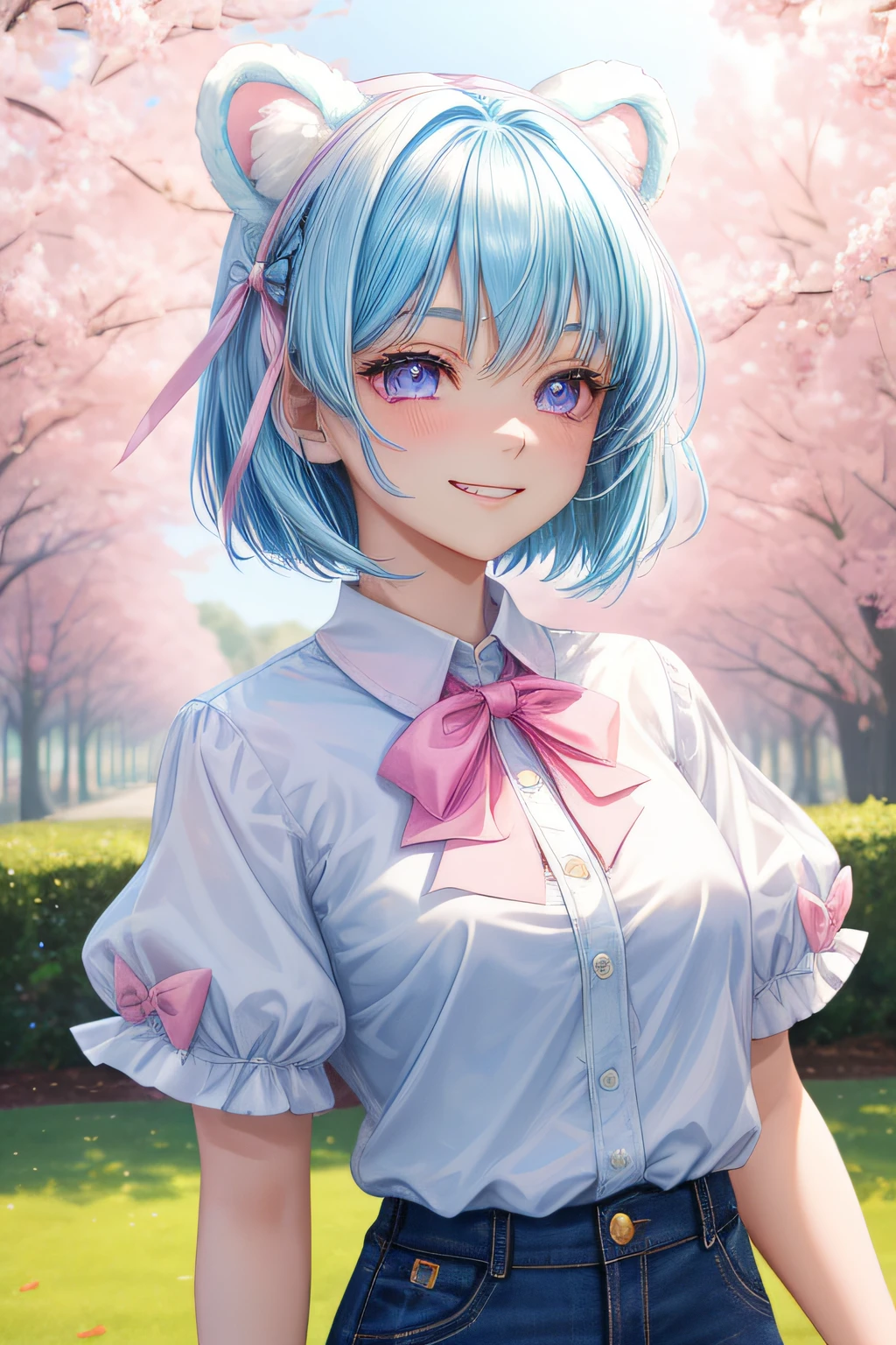 master piece, Best Quality, High resolution, Ultra-detailed, 1girl in, early teen, ((Pale blue hair and pink eyes)), (White sheer shirt, Simple shirt without ribbon), bulging short sleeves, Dark blue shorts, Fluffy animal ears, Bangs, Short hair, Bow, Hair Bow, Pale blue bow, A smile, Bear ears, bob cuts, (best smile:1.2), Looking away, a park, Pink hair and pale blue eyes,