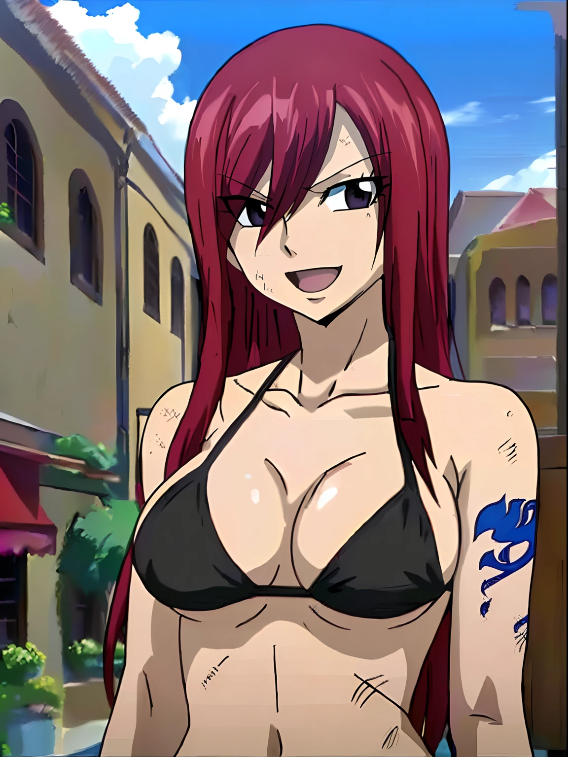 Scarlet erza, (tiny black bikini only), adult woman, big breasts, standing, cowboy shot, best quality, ((right shoulder)), slightly strong arms, looking at viewer, left shoulder tattoo, big smile, perfect body, feeling pain, open mouth