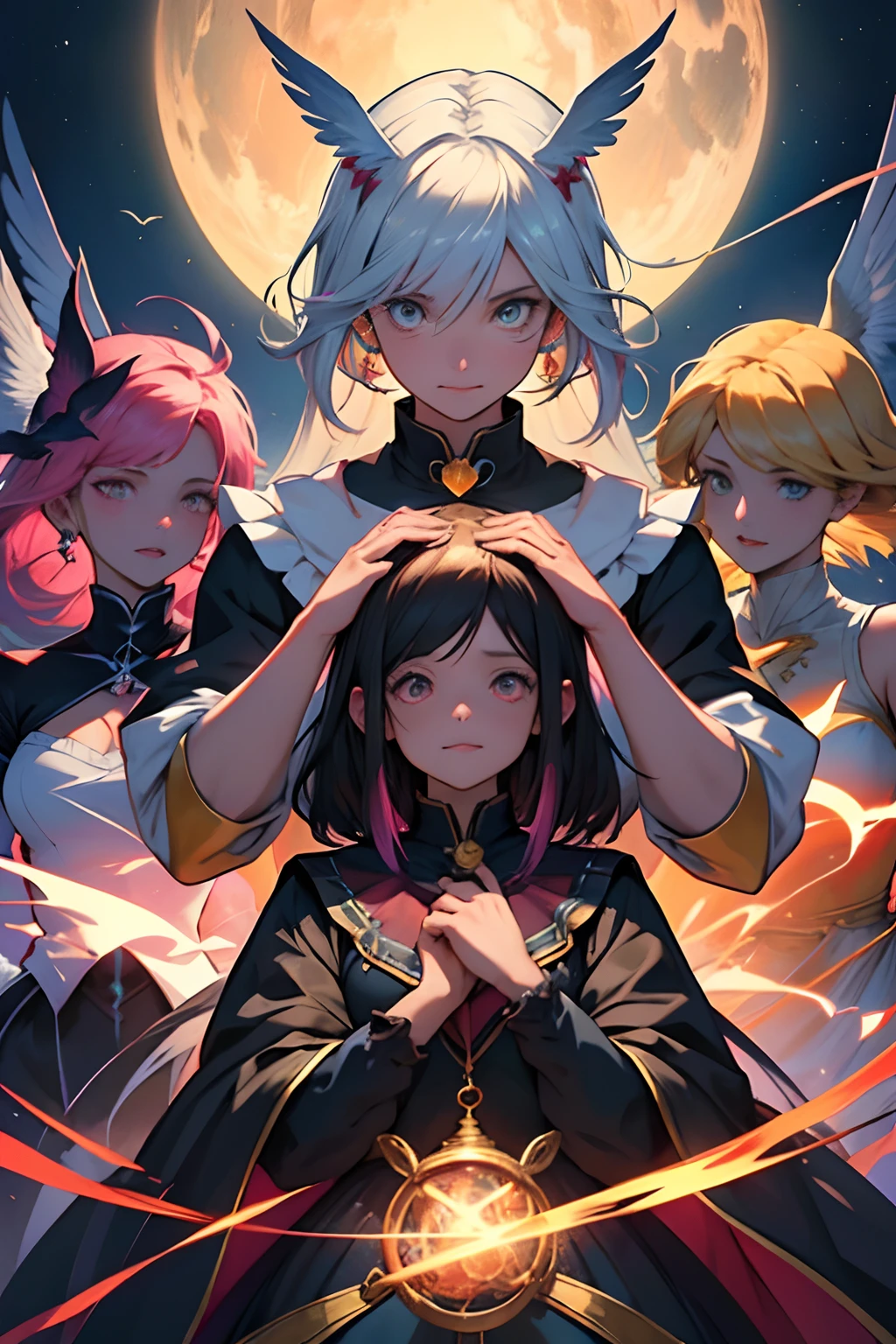 A group of 5 magical girls (Grupo Mahou Shoujo) flying together around a round and golden bird cage where a beautiful bird is trapped and a chaotic and multicolored sky in the background and over them evil eyes of a chaotic and multicolored witch, perfect hands, ROSTOS PERFEITOS, Vestidos bonitos, cabelos super coloridos e vibrantes, rostos bonitos ROSTOS PERFEITOS, cabelos bonitos, olhos expressivos, bocas bonitas, beautiful hands, detailed hands, beautiful hands, dedos perfeitos, numero de dedos de um ser humano, tendencia artstation