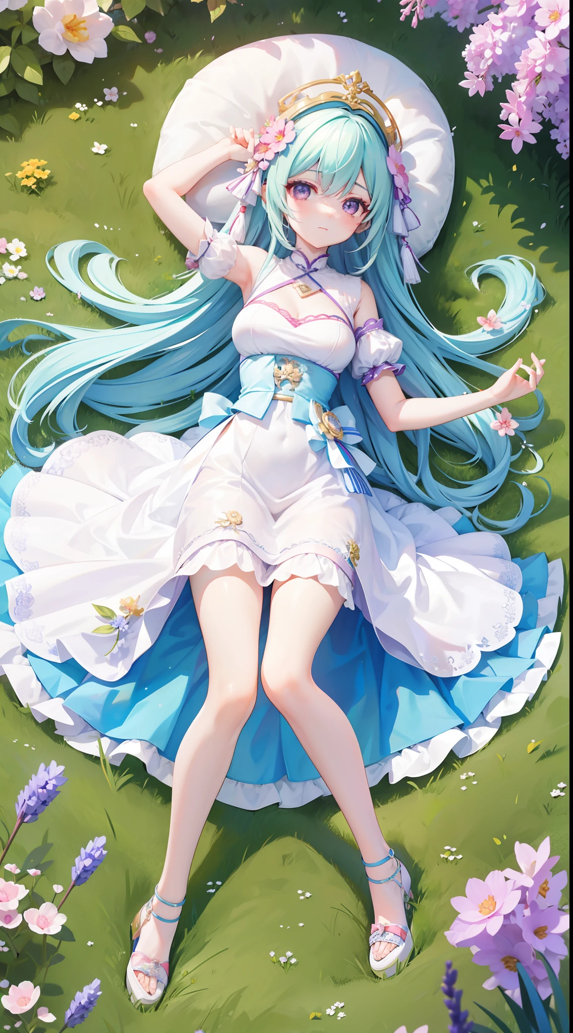 A beautiful and charismatic character,Her appearance is very eye-catching。Has long silky hair,And a pair of big bright eyes,Her face is delicate,It gives a gentle and elegant feeling。Additionally,Teresa also wore a white dress,The design of this dress is very beautiful,Also suitable for her figure。trpical garden,Lavender flower garden,lying on the grass ground,generally,Attractive appearance,Make a lot of players fall in love with it。