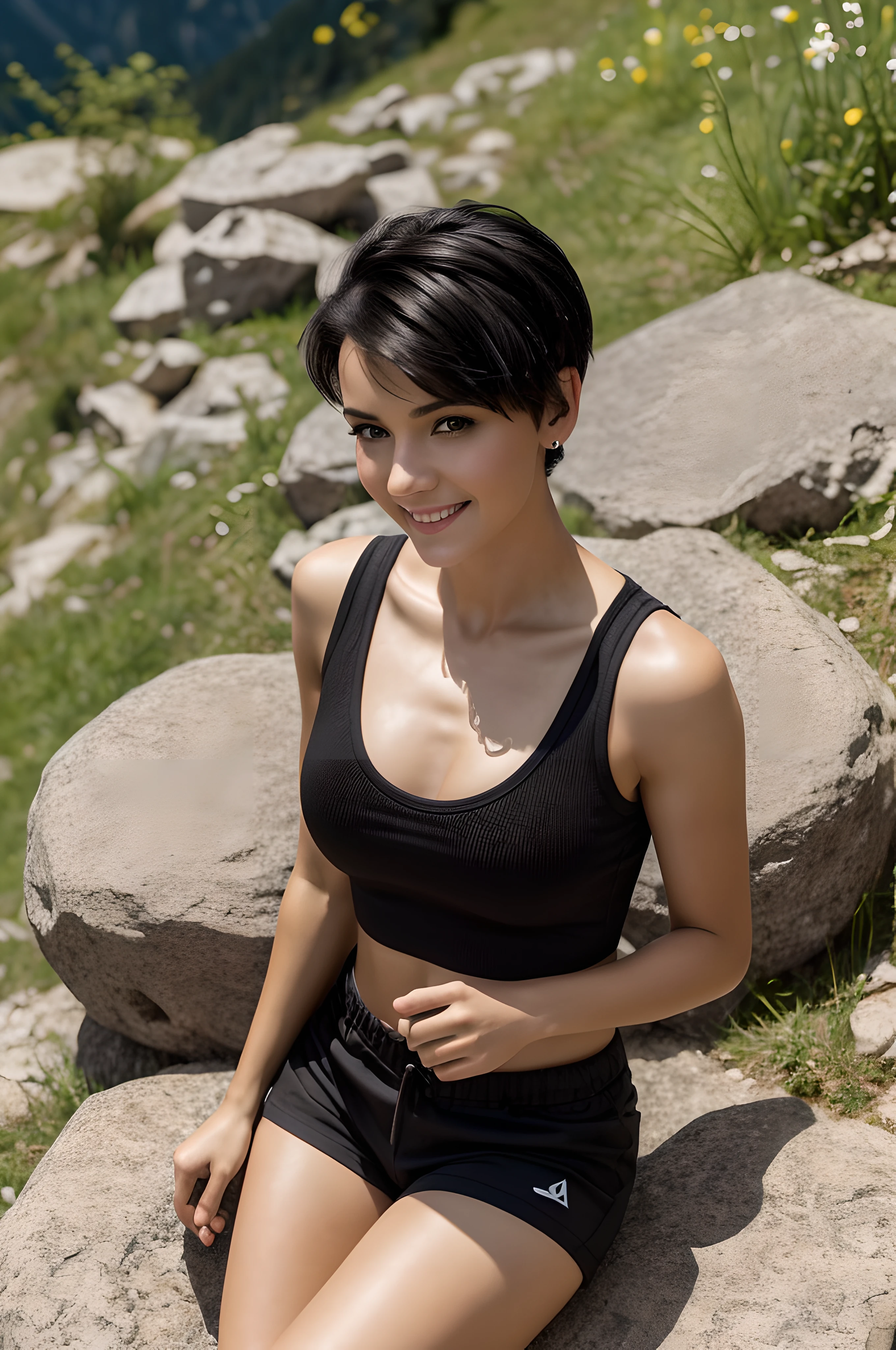 1 girl, very short black hair, best quality, high resolution, clear image, very high resolution, (fidelity: 1.4), photo, day, best quality, 8k, (masterpiece: 1.3), (very slim, slim, muscular body : 1.3), ultra-realistic, woman posing for a photo and smiling, looking straight at the camera, summer, sitting on a larger stone, on a path leading to the top of a mountain, peaks of other mountains visible, (Anastasia ovchinnikova), black short hair, short black hair with a fairy-tale hairstyle, with short hair (Olga Buzova), short black hair, like (Alina Ivanchenko), short dark hairstyle, fairy-tale hairstyle, (Julia Gorokhova),  skin with accurate texture, tilted towards the camera, ultra realistic, short black fairy hair, outdoors, best quality, ultra high resolution, raw photo, bright diffused light, short sports shorts, short sports shirt,