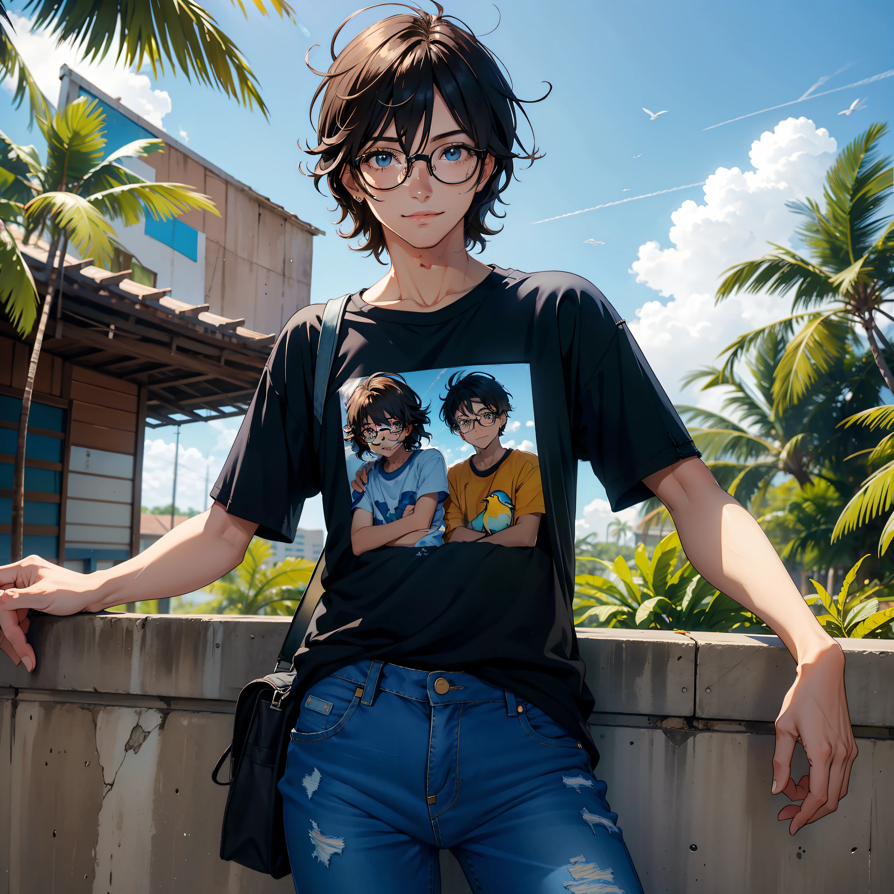 tall resolution, detalhado, obra prima, Estilo anime, 1garoto, ((sorrindo)), cabelo castanho, cabelo longo, ((messy hair)) modern glasses, olhos castanhos, roupa casual, ((camiseta xadrez)), ((Denim Jeans Pants)), parque, floresta, Sentado em banco, dia ensolarado, blue skies, brazi, Small birds