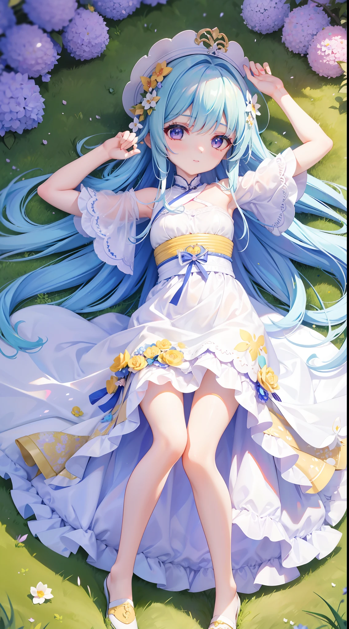 A beautiful and charismatic loli character,Her appearance is very eye-catching。Has long silky hair,And a pair of big bright eyes,Her face is delicate,It gives a gentle and elegant feeling。Additionally,Teresa also wore a white dress,The design of this dress is very beautiful,Also suitable for her figure。trpical garden,Lavender flower garden,lying on the grass ground,generally,Attractive appearance,Make a lot of players fall in love with it。