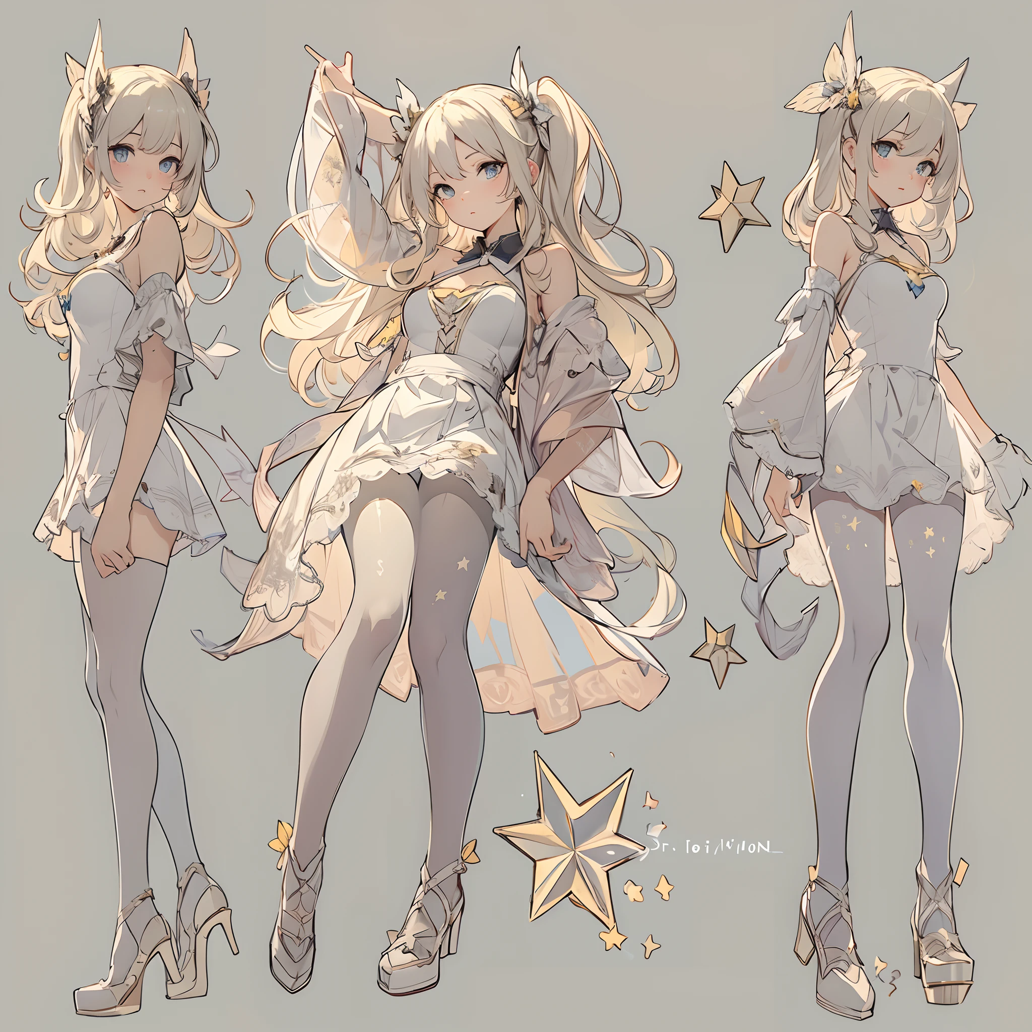 ((Masterpiece, Highest quality)), perfectly proportions,CharacterDesignSheet,full bodyesbian,Beautiful age girl,lacepantyhose,Star decoration,Natural light