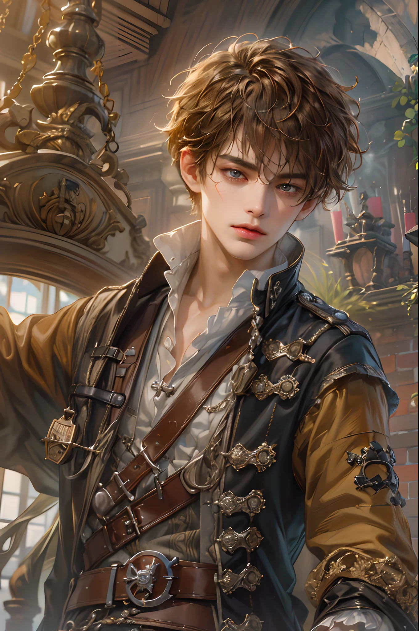 (absurdres, highres, ultra detailed, HDR), masterpiece, best quality, pirates of the Caribbean character, handsome young boy, short hair, handsome face, anime eyes, detailed interior, detailed character