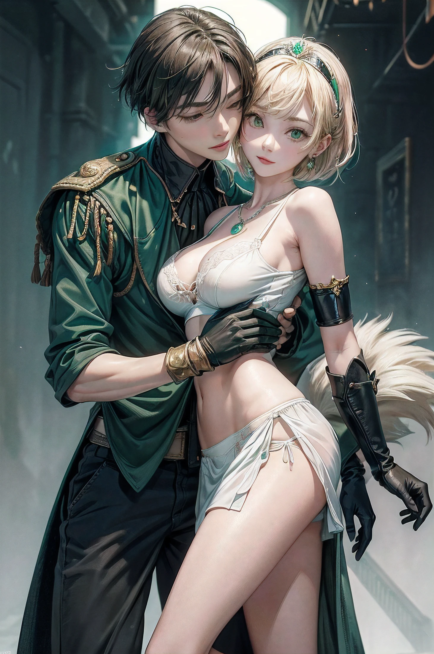 a drawing of an adult woman hugging a man in nothing but his underpants, 1girl, 1boy, hetero, underwear, panties, blonde hair, skirt, hand in panties, fingering, grabbing, breast grab, faceless, white panties, faceless male, emerald tiara, Green Pearl Necklace, Boyish very short black hair, lipsticks, Japan woman smiling, Long green gloves made of satin material, very short short hair, fist, big breasts beautiful, Green eyes, 1 girl