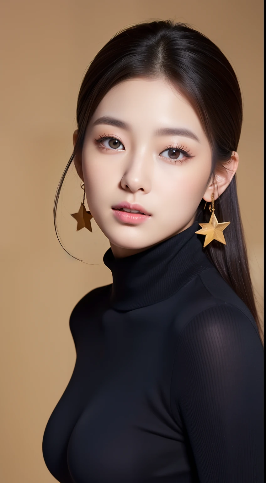 realistic photos of 1 cute Korean star, hair behind ears, white skin, thin makeup, 32 inch breasts size, wearing turtle neck top, at the camp, upper body portrait, Nikon, 85mm, f/16, UHD