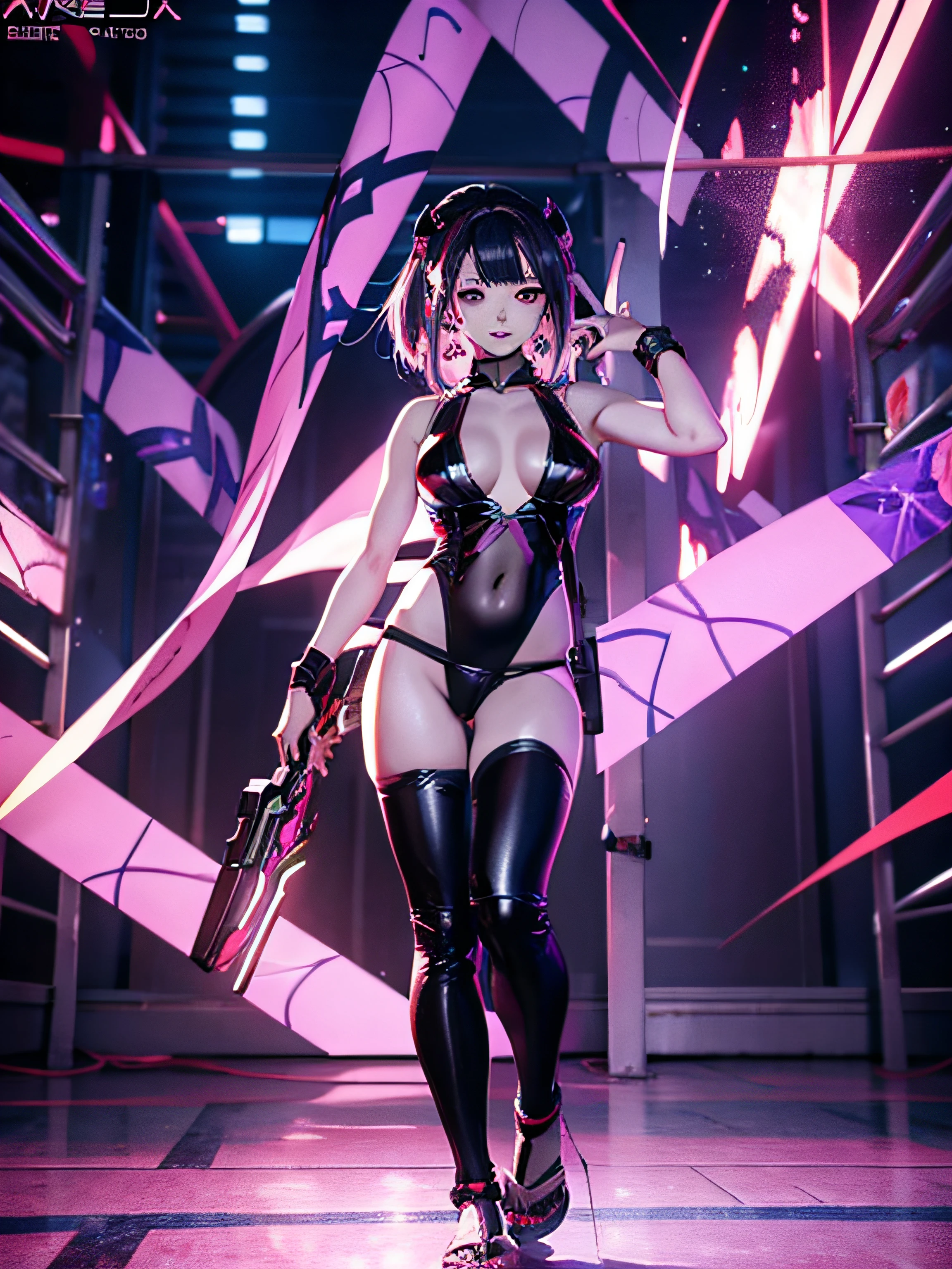cyberpunk style anime girl with purple light in the background, cyberpunk, neck choker with neclace, sexy pose, pointing weapon at viewer, evil look, black hair, sexy thighs, fishnet stockings, anime style 4 k, 8k high quality detailed art, best anime 4k konachan wallpaper, kawacy, anime art wallpaper 8 k, seductive anime girl, anime art wallpaper 4k, anime art wallpaper 4 k, detailed digital anime art