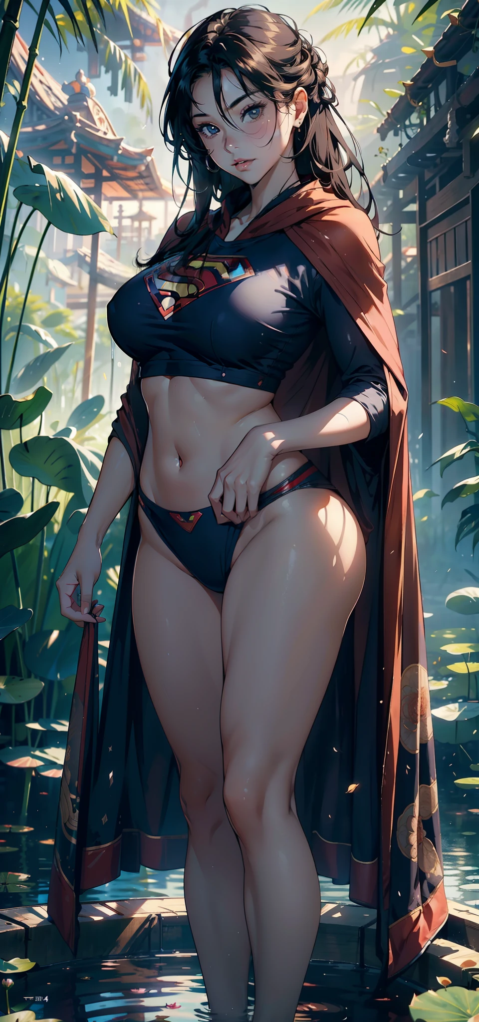 1female,41 years old,熟妇,Bigchest,long leges,Big breasts Thin waist,Pornographic exposure, 独奏,(Background with:bamboo forrest,lotuses,lotus flower,exteriors,Lotus pond) She has long black hair,standing on your feet,Sweat profusely,drenched all over the body,seen from the front, hair straight, mostly cloudy sky,(((tmasterpiece),(Very detailed CG unity 8K wallpaper),best qualtiy,cinmatic lighting,detailed back ground,beatiful detailed eyes,Bright pupils,Black eyes,(Very fine and beautiful),(Beautiful and detailed eye description),ultra - detailed,tmasterpiece,)),facing at camera,A high resolution,ultra - detailed),revealing breasts,Bare genitalia, Bulge,legs are open,Raised sexy,Camel toes,Flushed complexion,Open-mouthed,frontage,Supergirl,high school senior,(Wearing:Superman uniform,Cloak,Blue sailor uniform,athletic sneakers)