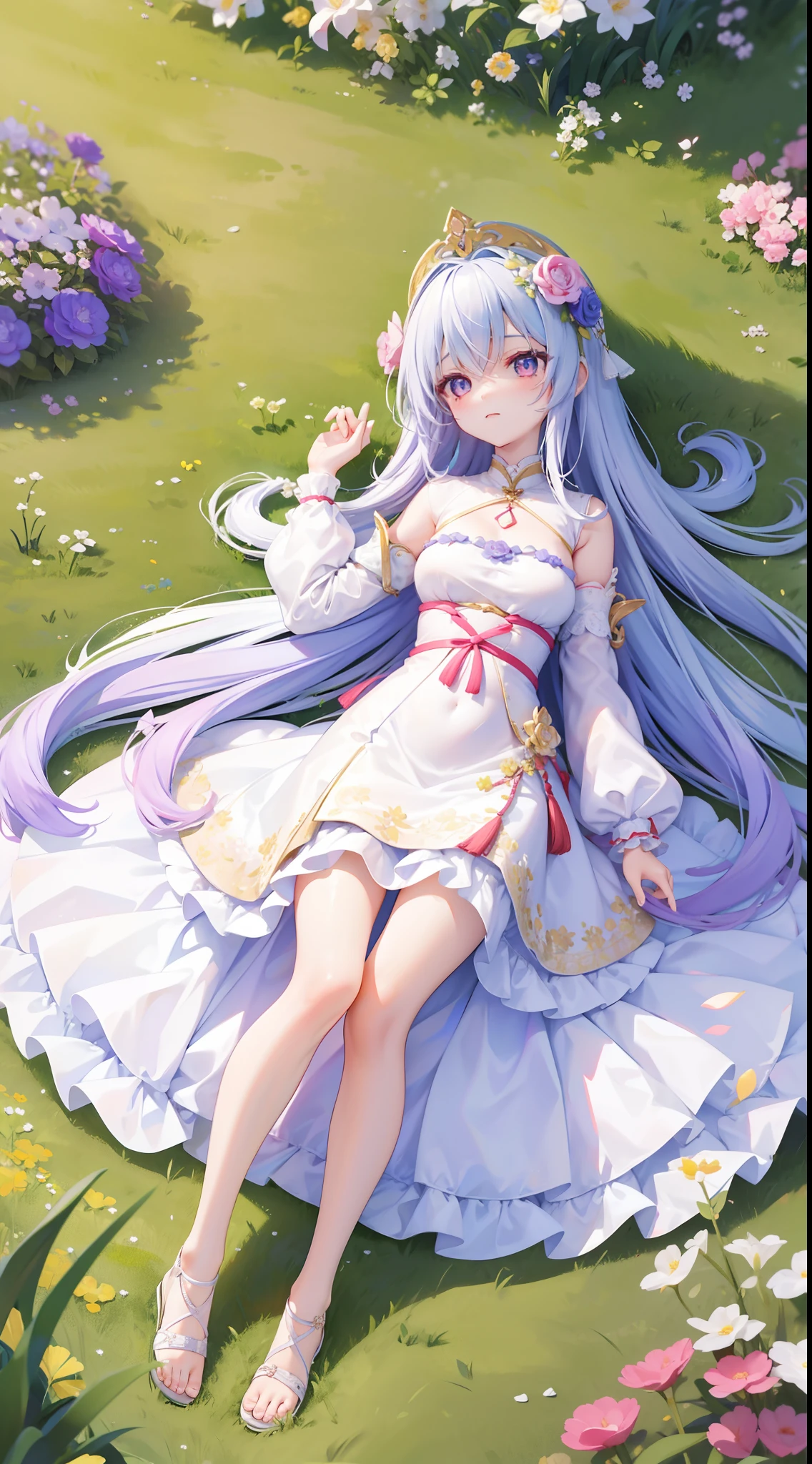 A beautiful and charismatic loli character,Her appearance is very eye-catching。Has long silky hair,And a pair of big bright eyes,Her face is delicate,It gives a gentle and elegant feeling。Additionally,Teresa also wore a white dress,The design of this dress is very beautiful,Also suitable for her figure。trpical garden,Lavender flower garden,lying on the grass ground