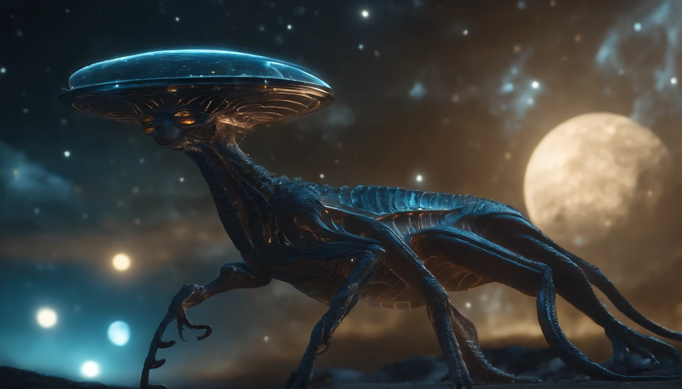 Transparent ethereal alien creatures,with light glowing,the night,中景 the scene is,Full body like, highly detailed surreal vfx,oc rendered,Shot with 70 mm - AR 16:9 --q 2 --s 1000