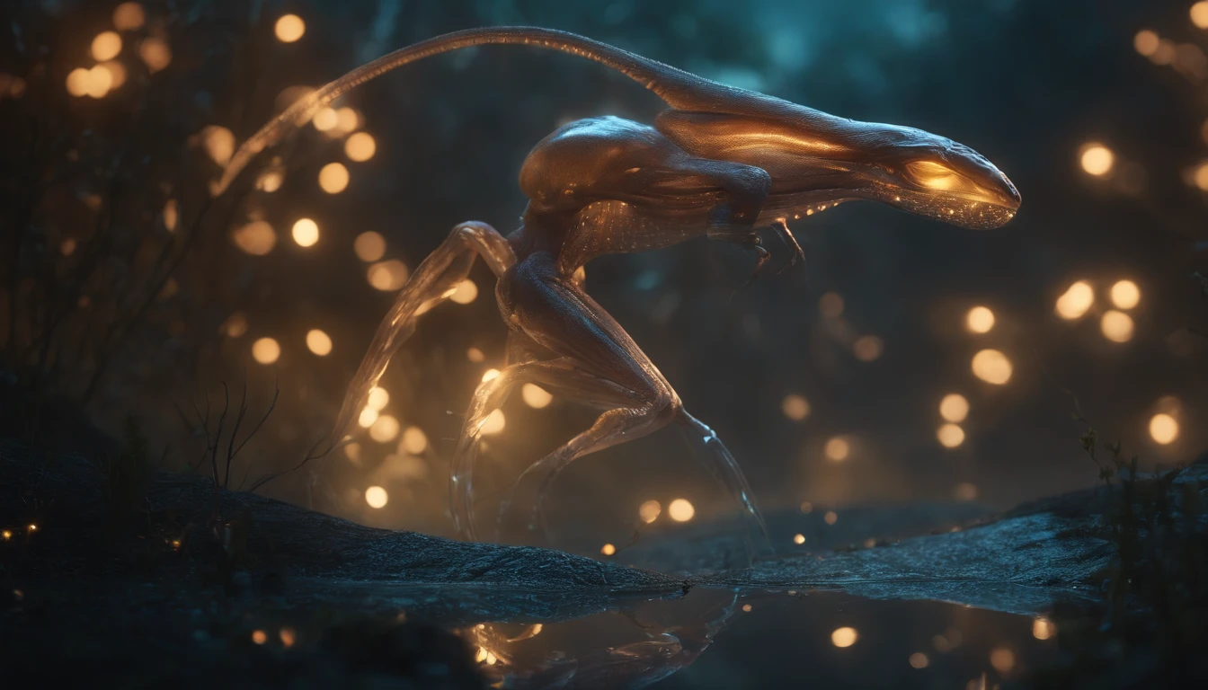 Transparent ethereal alien creatures，with light glowing，the night，中景 the scene is，Full body like， highly detailed surreal vfx，oc rendered，Shot with 70 mm - AR 16:9 --q 2 --s 1000