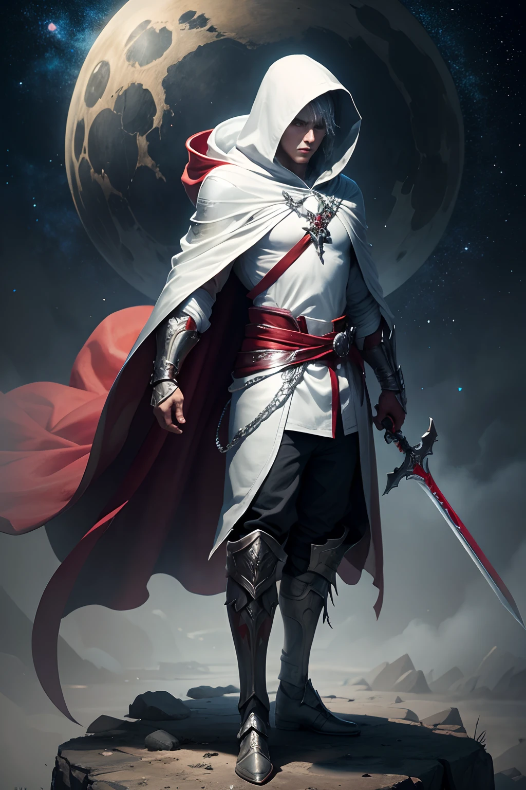 character with hood and silver cloak, holding a sword, with red cape tied around his waist, galaxy background, full body