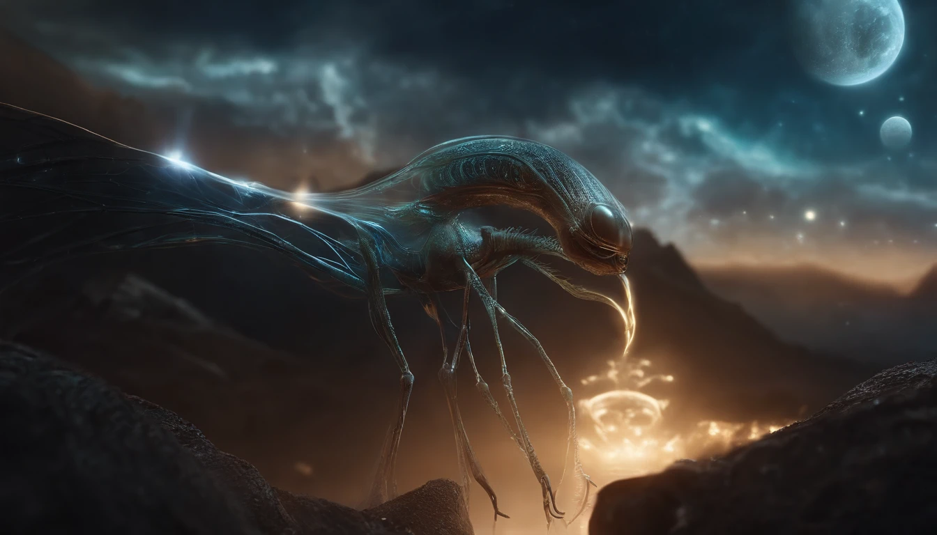 Transparent ethereal alien creatures,with light glowing,Glow effects,the night,中景 the scene is,Full body like, highly detailed surreal vfx,oc rendered,Shot with 70 mm - AR 16:9 --q 2 --s 1000