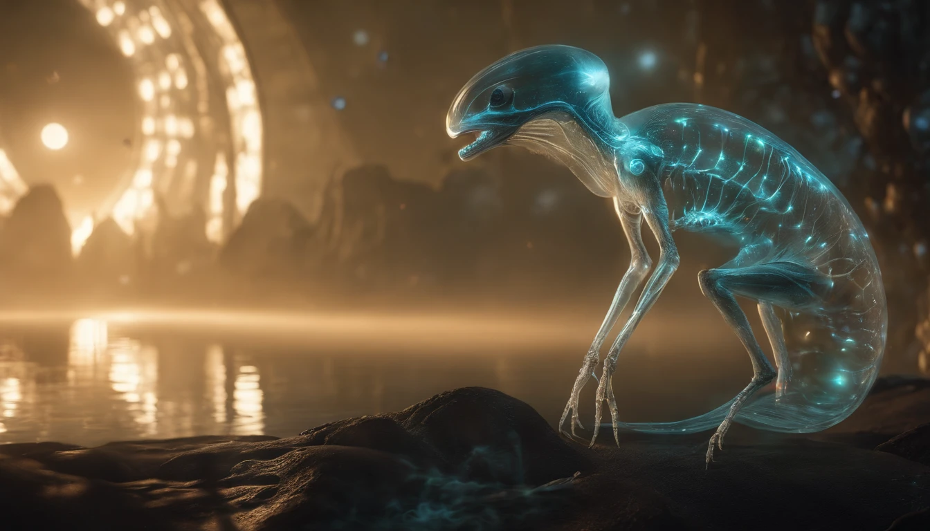 Transparent ethereal alien creatures,with light glowing,Glow effects,the night,中景 the scene is,Full body like, highly detailed surreal vfx,oc rendered,Shot with 70 mm - AR 16:9 --q 2 --s 1000