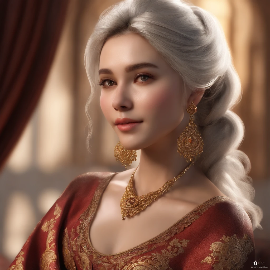 (best quality, masterpiece:1.2), ultra high res, realistic, front lighting, intricate detail, Exquisite details and textures, 1girl, solo ,(young), face highlight, upper body, detailed face, tear mole, white skin, silver hair, ponytail, braid hair, looking at viewer, big eyes, silk robe, (hollow pattern, white, silk), earrings, small breasts, slim body, luxury room, professional lighting, photon mapping, radiosity, physically-based rendering,