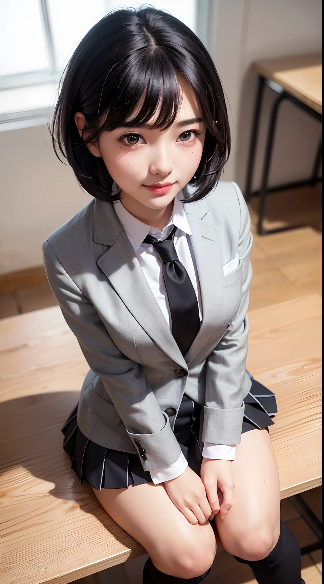 ((8k, RAW photos, top quality, masterpieces), high-definition RAW color photos professional close-up photos, (realistic, photorealism: 1.37), (highest quality), (best shadows), (best illustrations), collarbones ((big)), ((erotic, sexy, ultra high resolution, high-definition CG unified 8K wallpapers, physically based rendering, movie lighting), (aegyo sal:1), 18 year old girl, (grey blazer, ribbon, socks, high school uniform: 1.2), high school classroom, beautiful detail eyes, light on the face, ((full body shot: 1.2)), especially strong light, (upper eyes, grinning smile:1.2),shiny skin, (((black hair, bob hair:1.2))), ( thick thighs), ulzzang-6500-v1.1:0.2, shy, (flash:1.2), NSFW , (puffy), ((seductive posture: 1.2, attractive: 1.2)), (idle), (sitting at a desk in classroom: 1.2)), ((good anatomy: 1.2)), ((bright and refreshing classroom, background blurred: 1.2)), perfect face, cute face, (high angle shot:1.2)