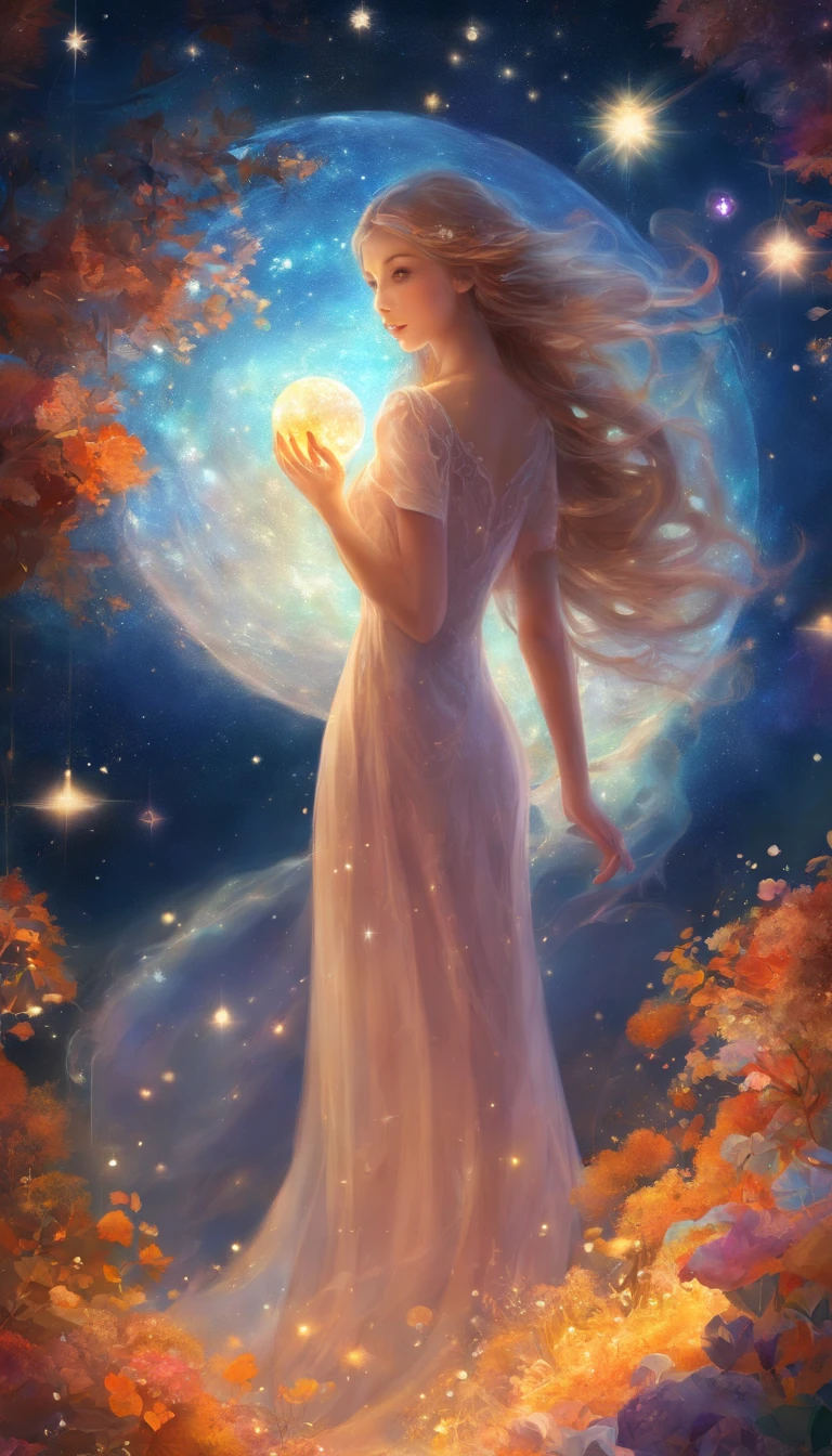 High detail, Super detail, Super high resolution, The girl enjoys her time in the fantasy galaxy, Surrounded by stars, Warm light shines on her, The background is the starry sky with colorful galaxies and galactic clouds, Stars flew around her, Delicate face, Add a playful vibe ,