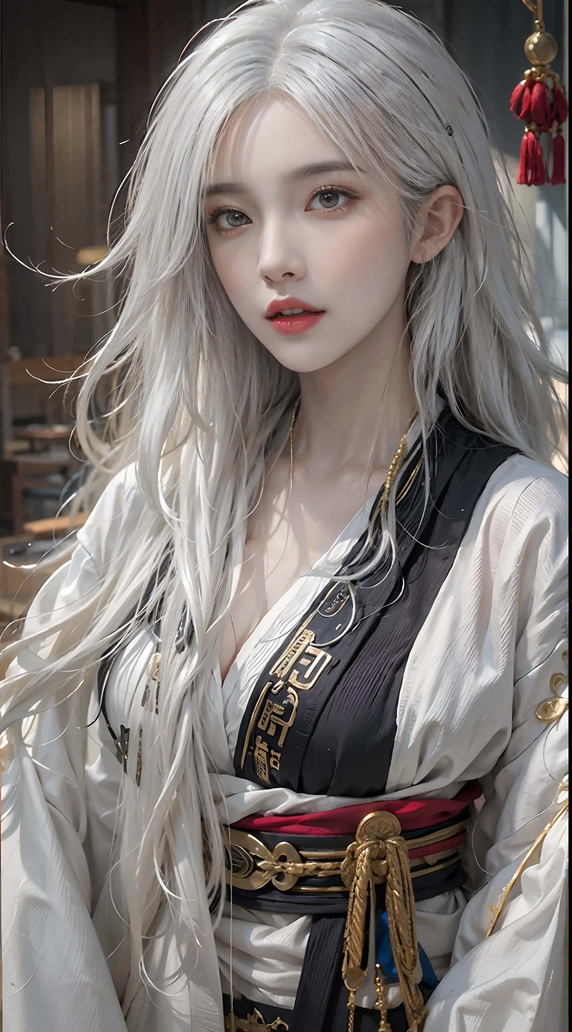 Photorealistic, high resolution, 1womanl, Solo, Hips up, view the viewer, (Detailed face), White hair, Long hair, taoist robe,Oversized clothes, jewelry
