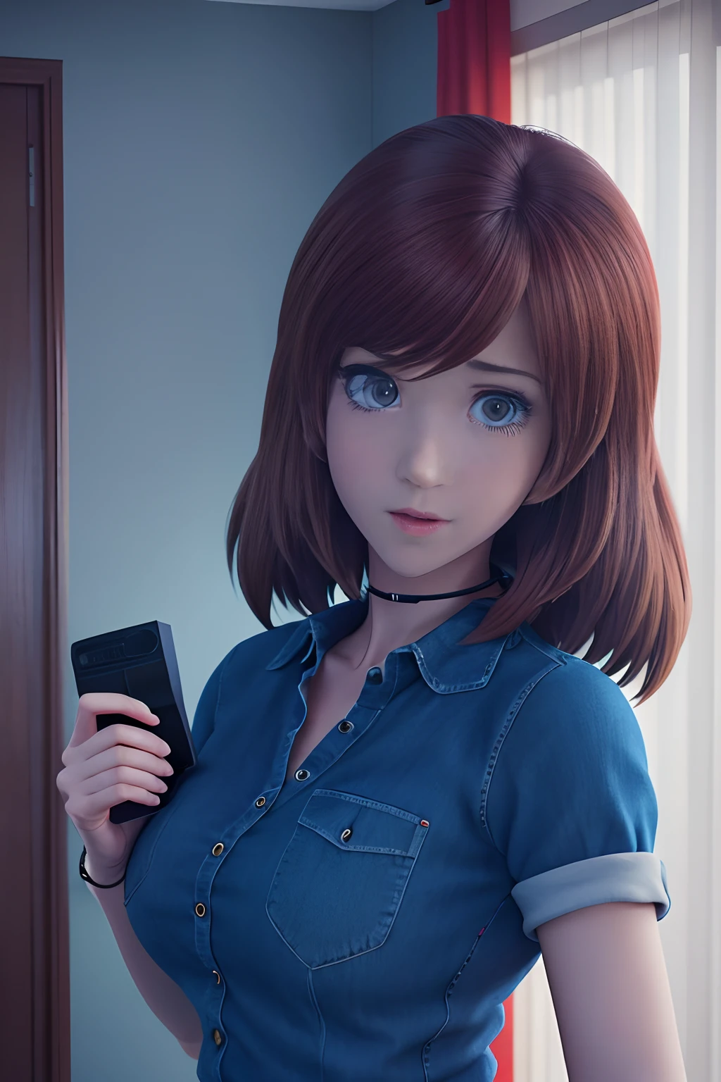 a close up of a woman holding a remote control in a room, portrait of max caulfield, realistic anime 3 d style, anime movie screenshot, anime cgi style, a hyperrealistic schoolgirl, screenshot from the anime film, anime cgi, hyperrealistic schoolgirl, realistic schoolgirl, in the anime film, still from animated horror movie, anime styled 3d