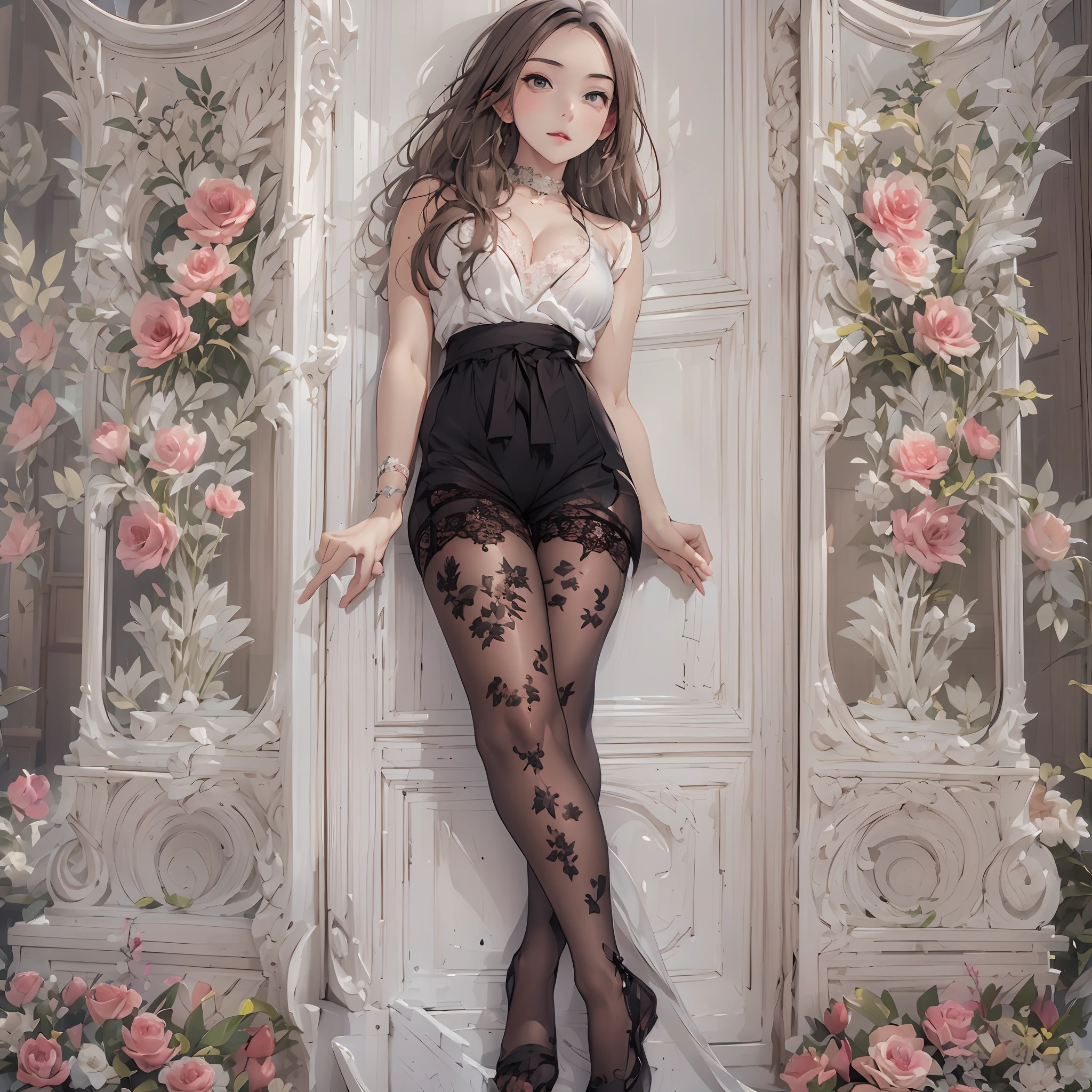 ((Masterpiece, Highest quality)), perfectly proportions，full bodyesbian，Beautiful teenage girl，lacepantyhose，Rose decoration，Natural light