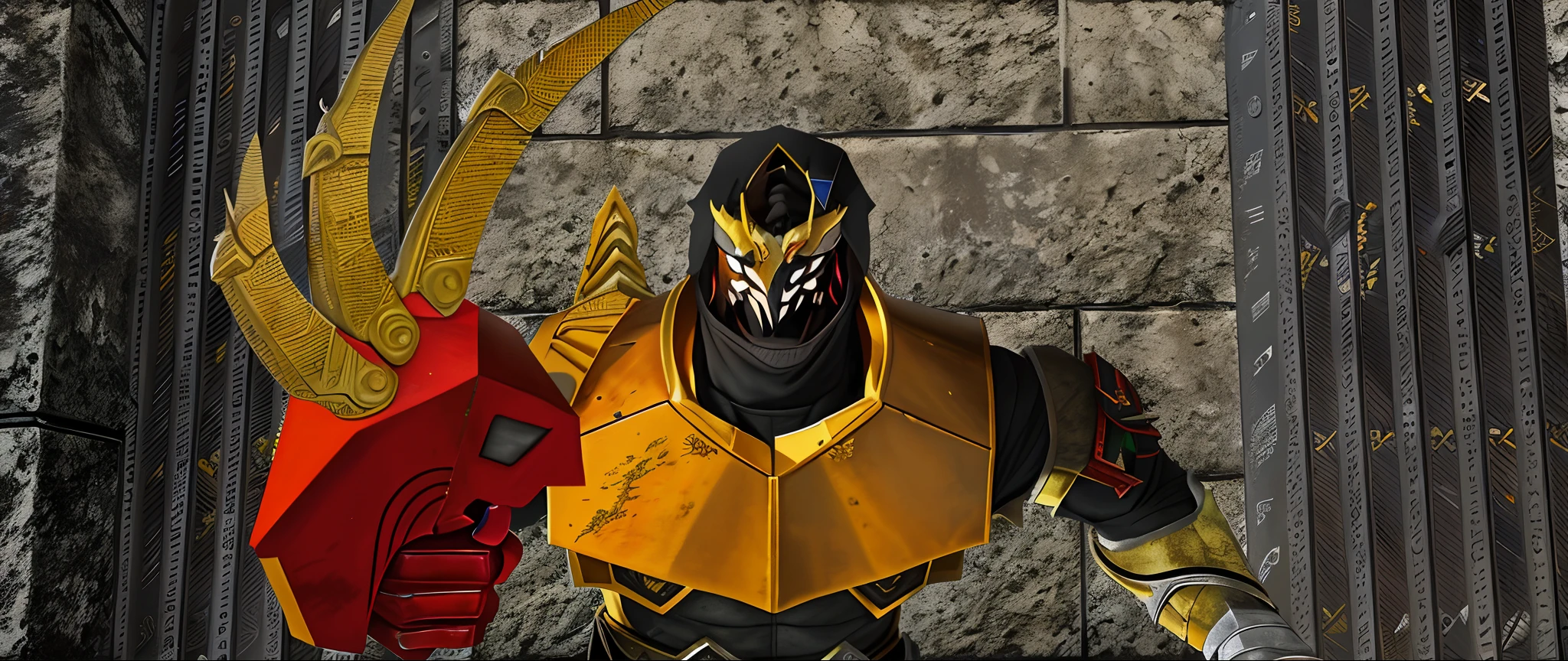 Close-up of a man in combat uniform，Villains in masks, The right hand is a steel claw for combat，Wearing red and yellow combat uniforms, draconic looking armor