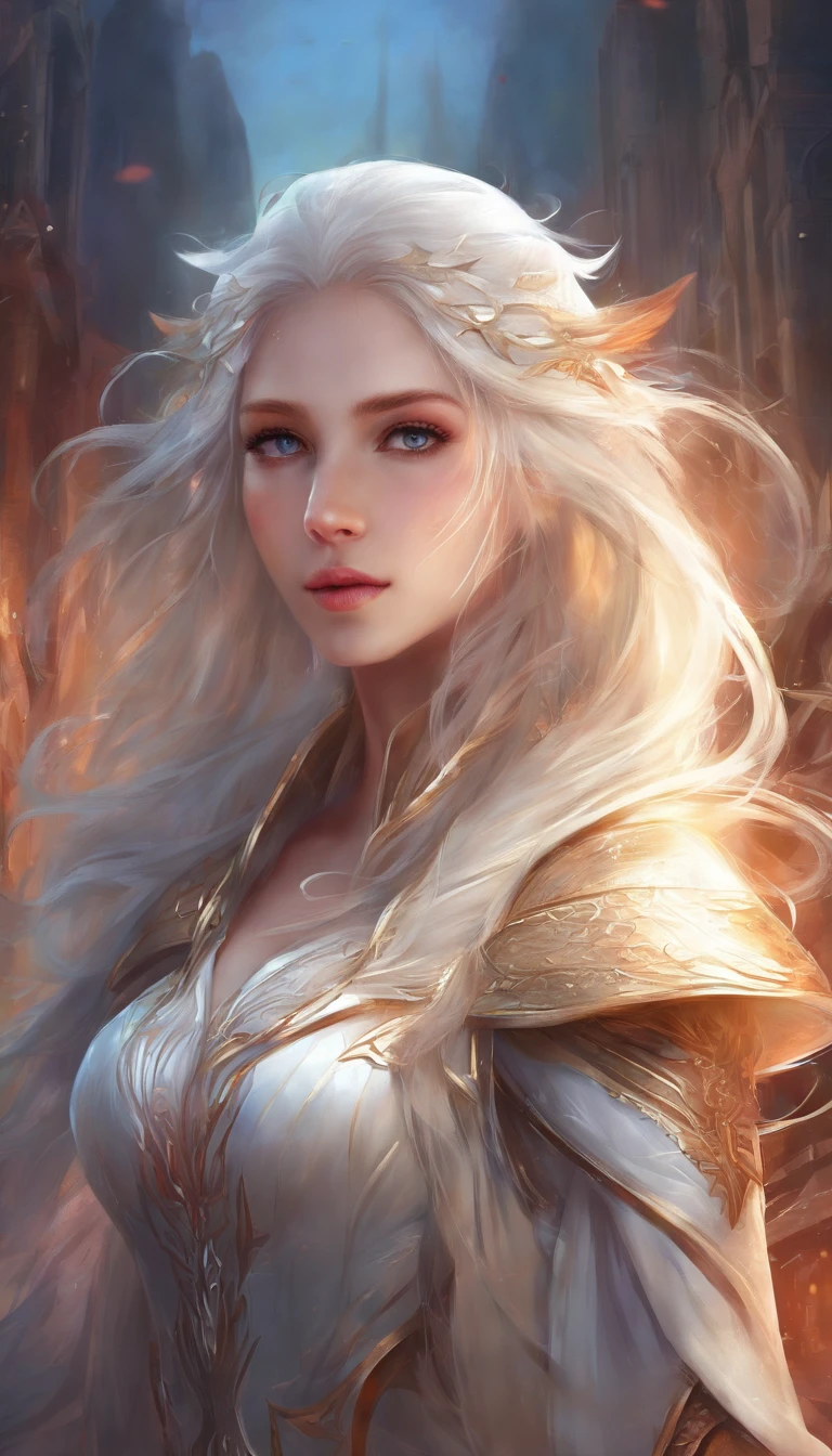 Masterpiece, Best quality, Extremely detailed, Cinematic lightning, intricately details, A high resolution, offcial art, finely detailed beautiful face and eyes, high-resolution illustrations, 8K, Depth of field, Bokeh, Solo, 1girll, A girl with white hair and red eyes, Long white hair, beautiful red eye, Beautiful landscape, rainy city, Upper body, view the viewer, Close up