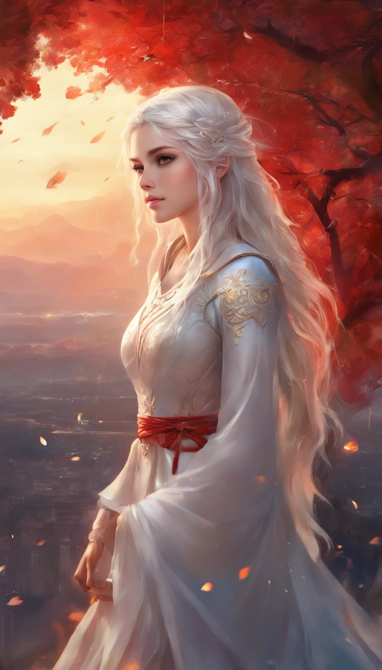 Masterpiece, Best quality, Extremely detailed, Cinematic lightning, intricately details, A high resolution, offcial art, finely detailed beautiful face and eyes, high-resolution illustrations, 8K, Depth of field, Bokeh, Solo, 1girll, A girl with white hair and red eyes, Long white hair, beautiful red eye, Beautiful landscape, rainy city, Upper body, view the viewer, Close up