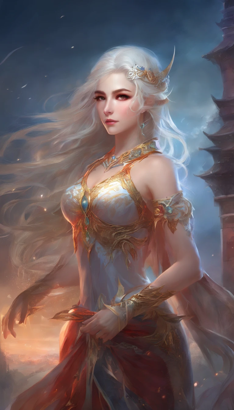 a woman in a silver dress posing for a picture, concept art by Raymond Han, cgsociety contest winner, fantasy art, ((a beautiful fantasy empress)), fantasy dress, a beautiful fantasy empress, karol bak uhd, fantasy gorgeous lighting, fantasy woman, fantasy robe, blonde goddess, style of karol bak, draped in shiny gold and silver, sexy gown
