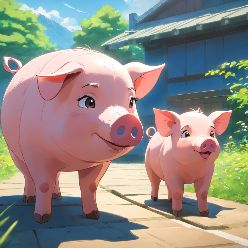 Draw 3 cartoon pigs,3D style,blender,adolable, sunny day