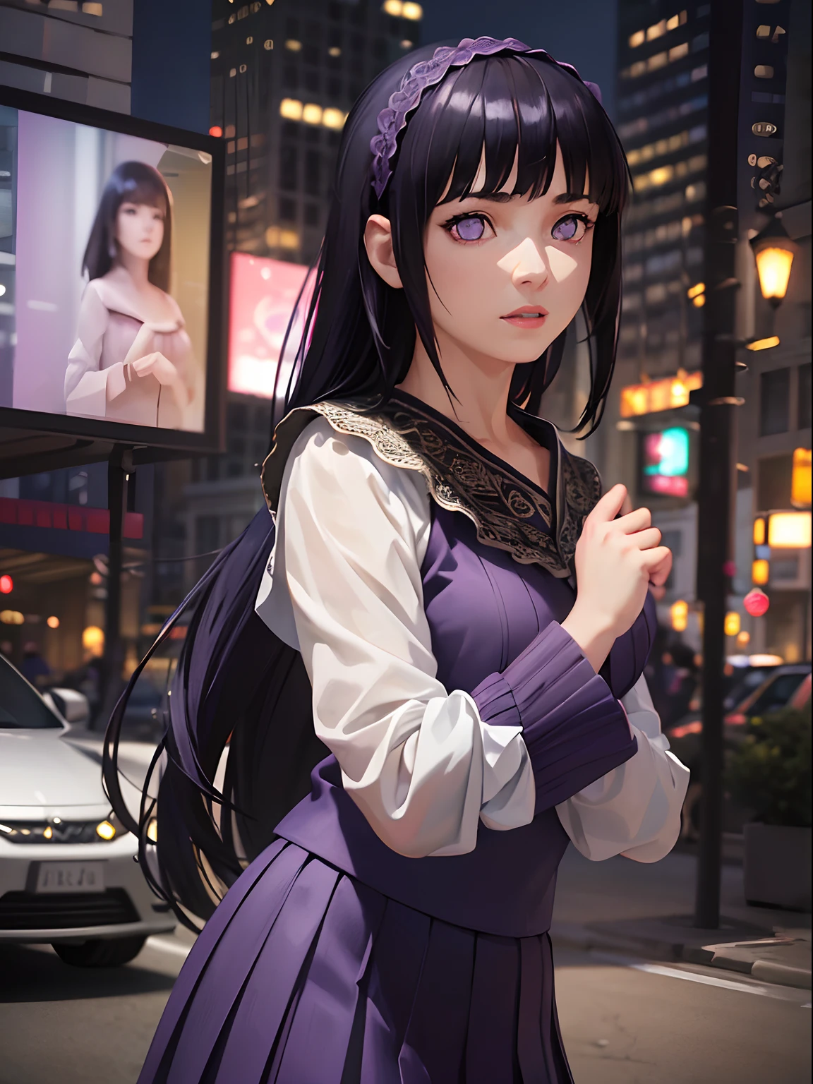 (realistic:1.3), insane detailed, quality, (masterpiece:1.2), (photorealistic:1.2), (best quality), (detailed skin:1.3), (intricate details), ray tracing, ((half body)), (((1girl))), (((1 person))),Bangs, purple eyes, dark blue hair, green shawl, purple t-shirt, purple pleated skirt, hair band, (night background)