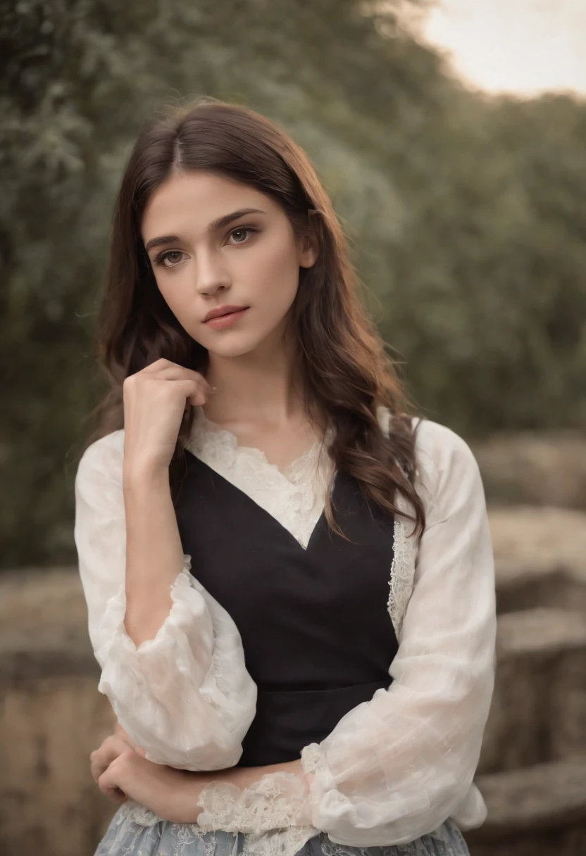 adolescente, sentado, preto e branco, saia curta preta, blusa riscas, meis de rede pretas