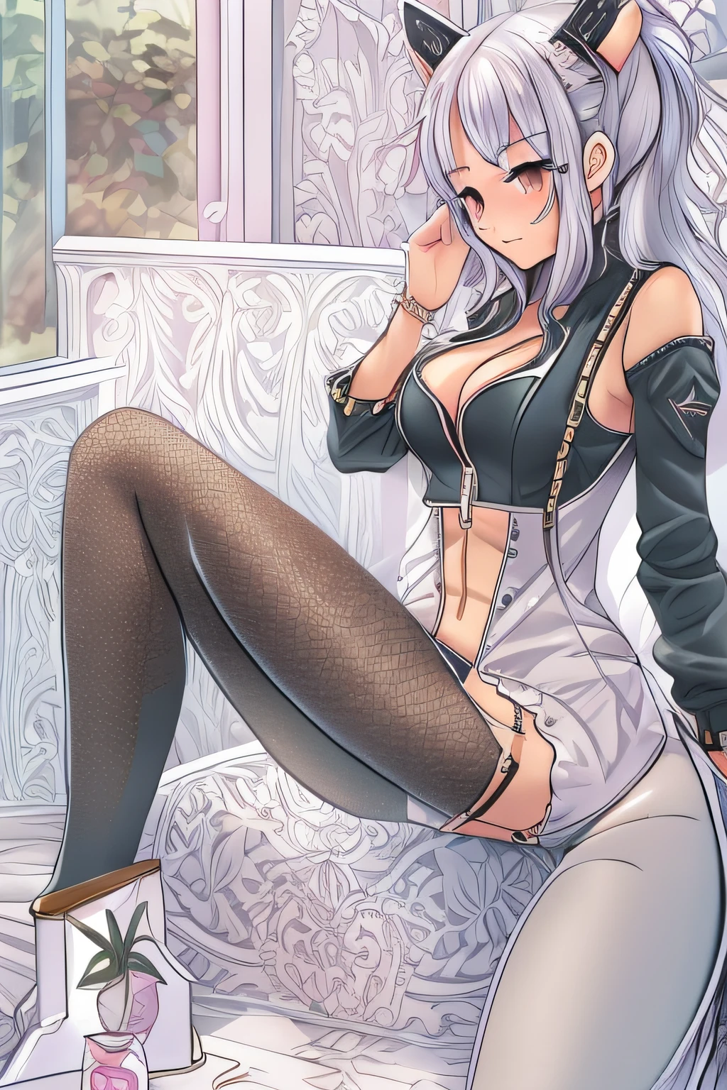 1girl, ahoge, animal ear fluff, animal ears, ass visible through thighs, bare shoulders, black jacket, blush, breasts, brown eyes, cellphone, cleavage, closed mouth, clothes pull, covered navel, cowboy shot, ear piercing, grey hair, hair between eyes, hand up, holding, holding phone, jacket, large breasts, leotard, long hair, long sleeves, looking at viewer, off shoulder, open clothes, open jacket, pantyhose, pantyhose pull, pendant choker, phone, piercing, see-through cleavage, smartphone, solo, sweatdrop, thigh strap, thighs, two-tone leotard, unzipped, v-shaped eyebrows, white leotard, zipper pull tab