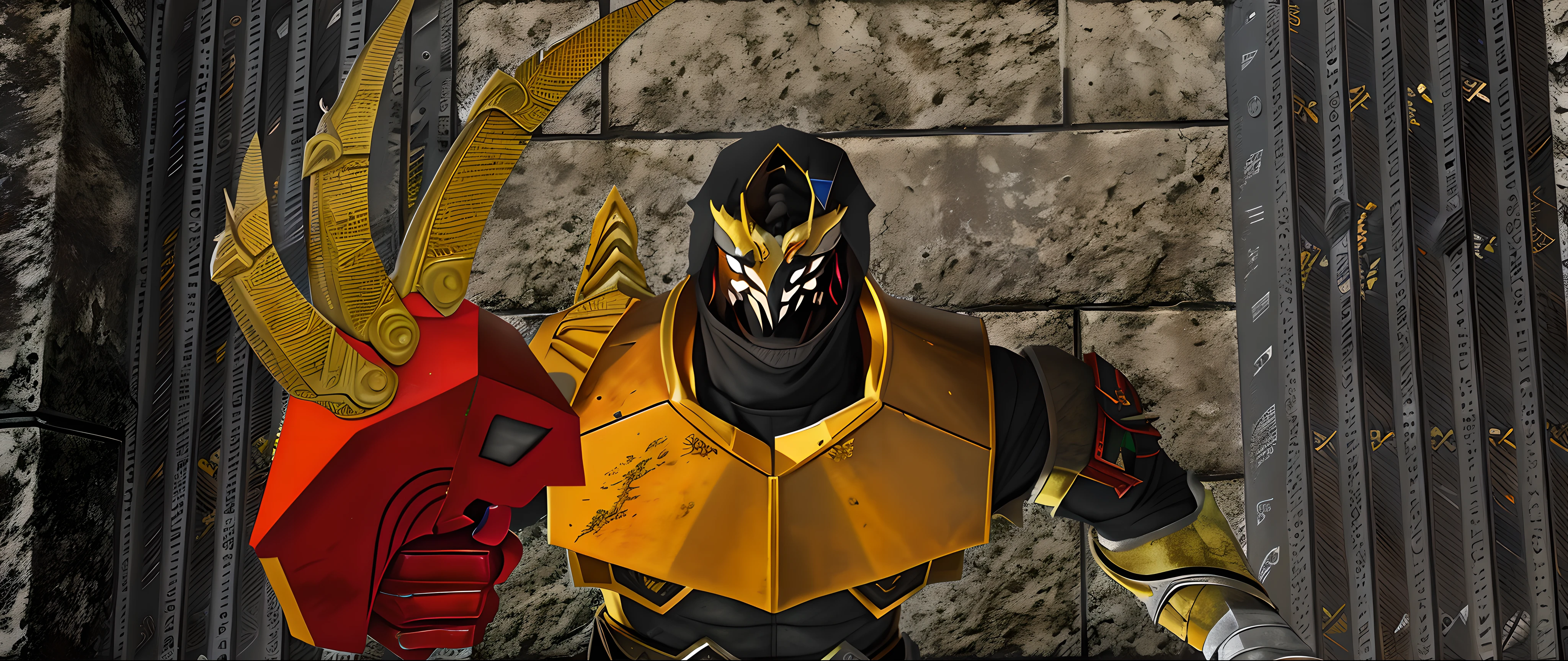 Close-up of a man in combat uniform，Villains in masks, The right hand is a steel claw for combat，Wearing red and yellow combat uniforms, draconic looking armor