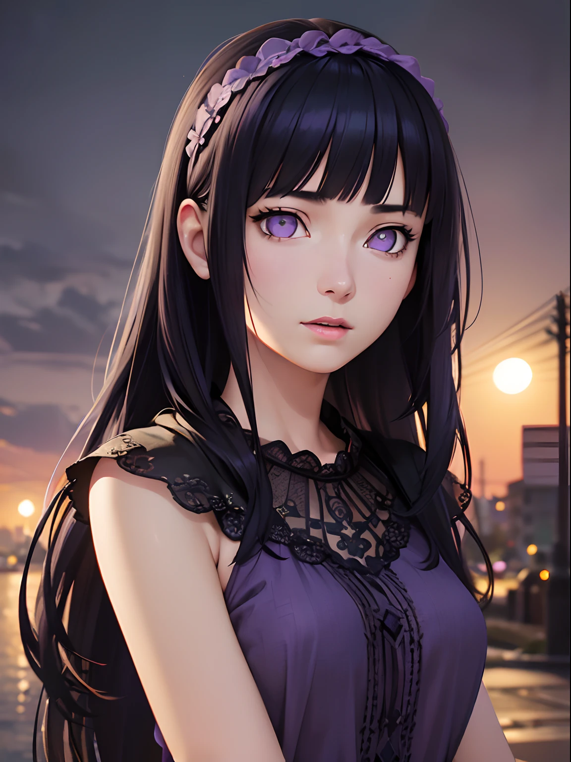 (realistic:1.3), insane detailed, quality, (masterpiece:1.2), (photorealistic:1.2), (best quality), (detailed skin:1.3), (intricate details), ray tracing, ((half body)), (((1girl))), (((1 person))),Bangs, purple eyes, dark blue hair, green shawl, purple t-shirt, purple pleated skirt, hair band, (night background)