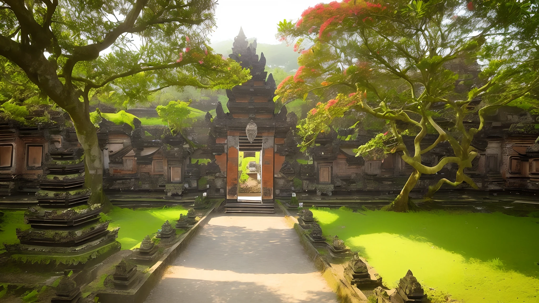 Landscape, Baligapura Gate, Statues, Wall stones, village, detailed, decoration, Bali island, wood, grass, blossom, Frangy Fani flowering tree, Epic, dawn, tooth, with dramatic lighting, a faint light, Bokeh, Advantre